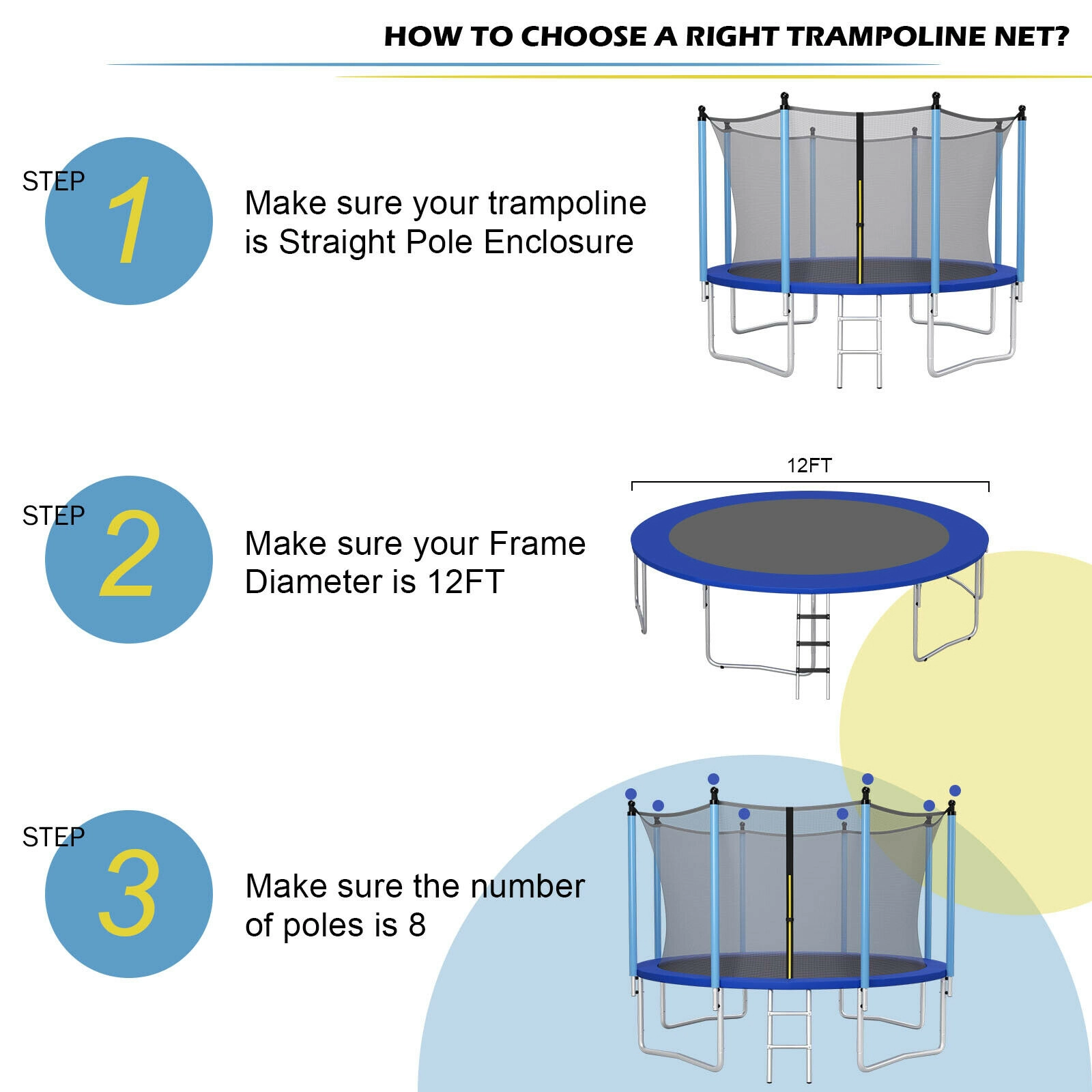 Hivvago 12Ft Replacement Weather-Resistant Trampoline Safety Enclosure Net