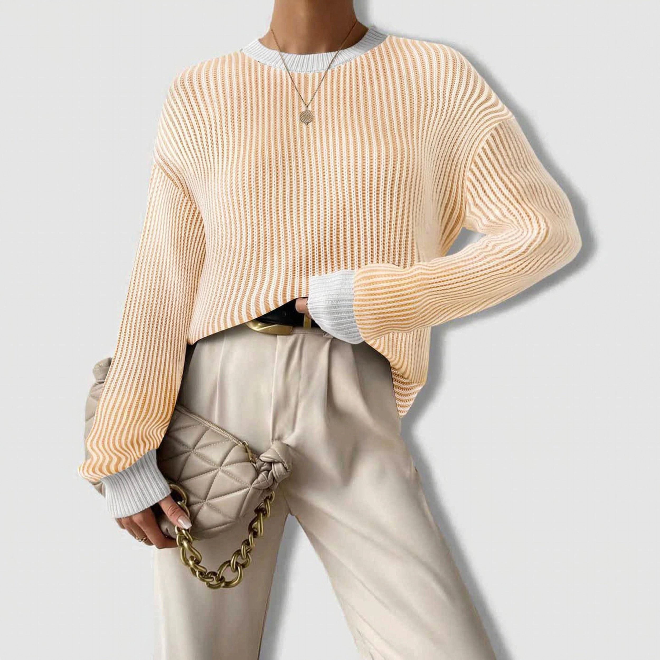 Zeagoo Women's Oversized Crew Neck Long Sleeve Color Block Rib Knit Pullover