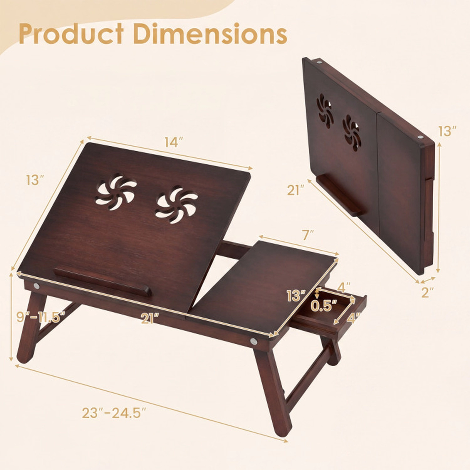 SUGIFT Bamboo 4 Tilt Levels Folding Legs Laptop Lap Desk 23-in x 13-in 9-in to 11.5-in Height 22-lb Capacity Brown
