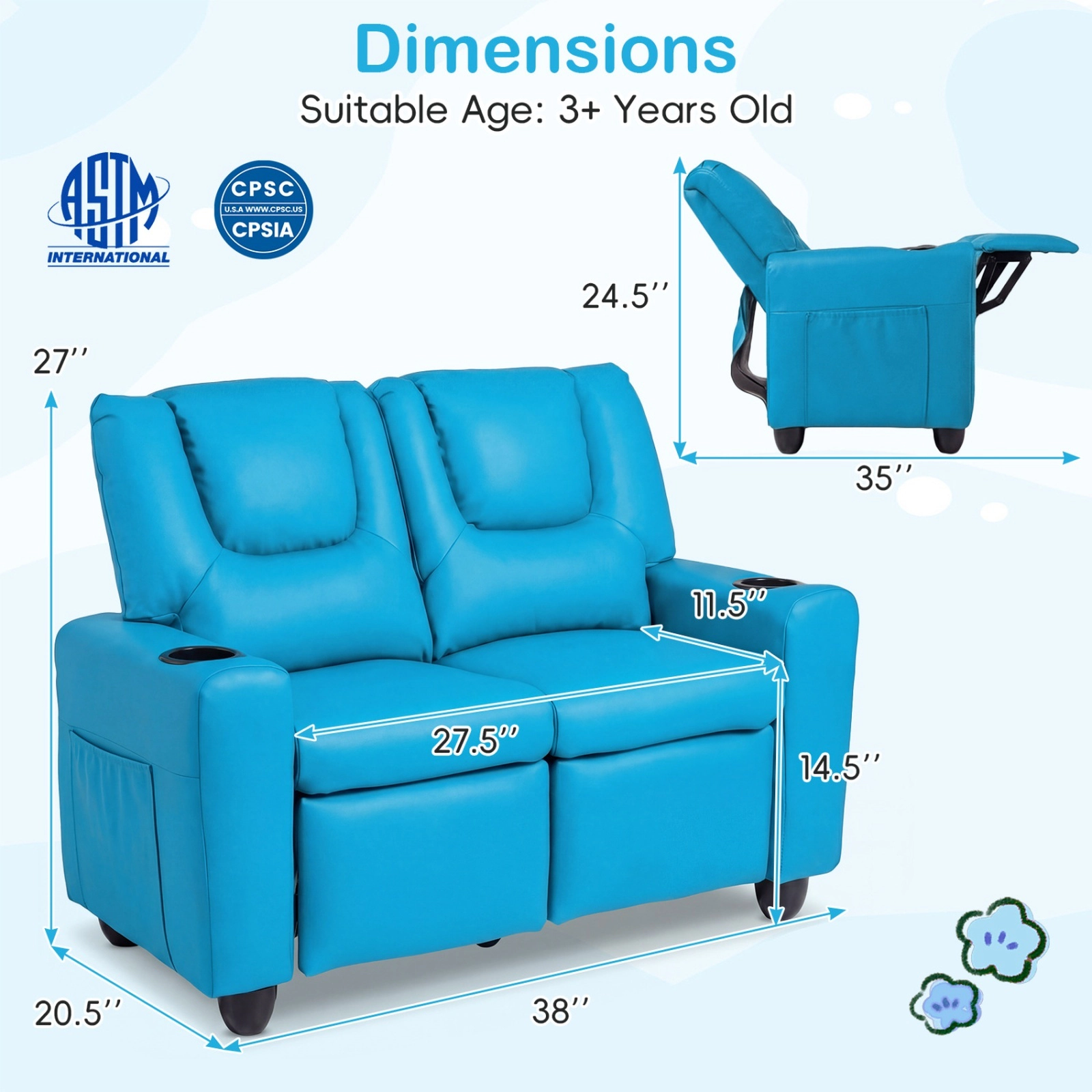Kids Recliner Chair 2-Seater Toddler Sofa Lounge Chair with Adjustable Backrest Retractable Footrest 2 Cup Holders Blue