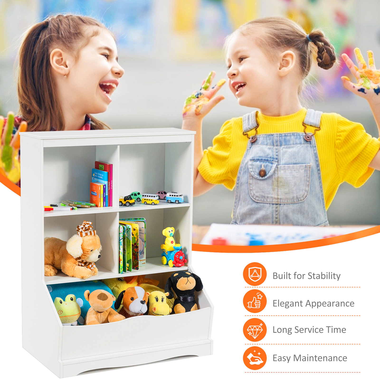 SUGIFT 3-Tier Multi-Functional Toy Organizer Bookcase with Storage Bin 66-lb Top Capacity White/Gray/Natural