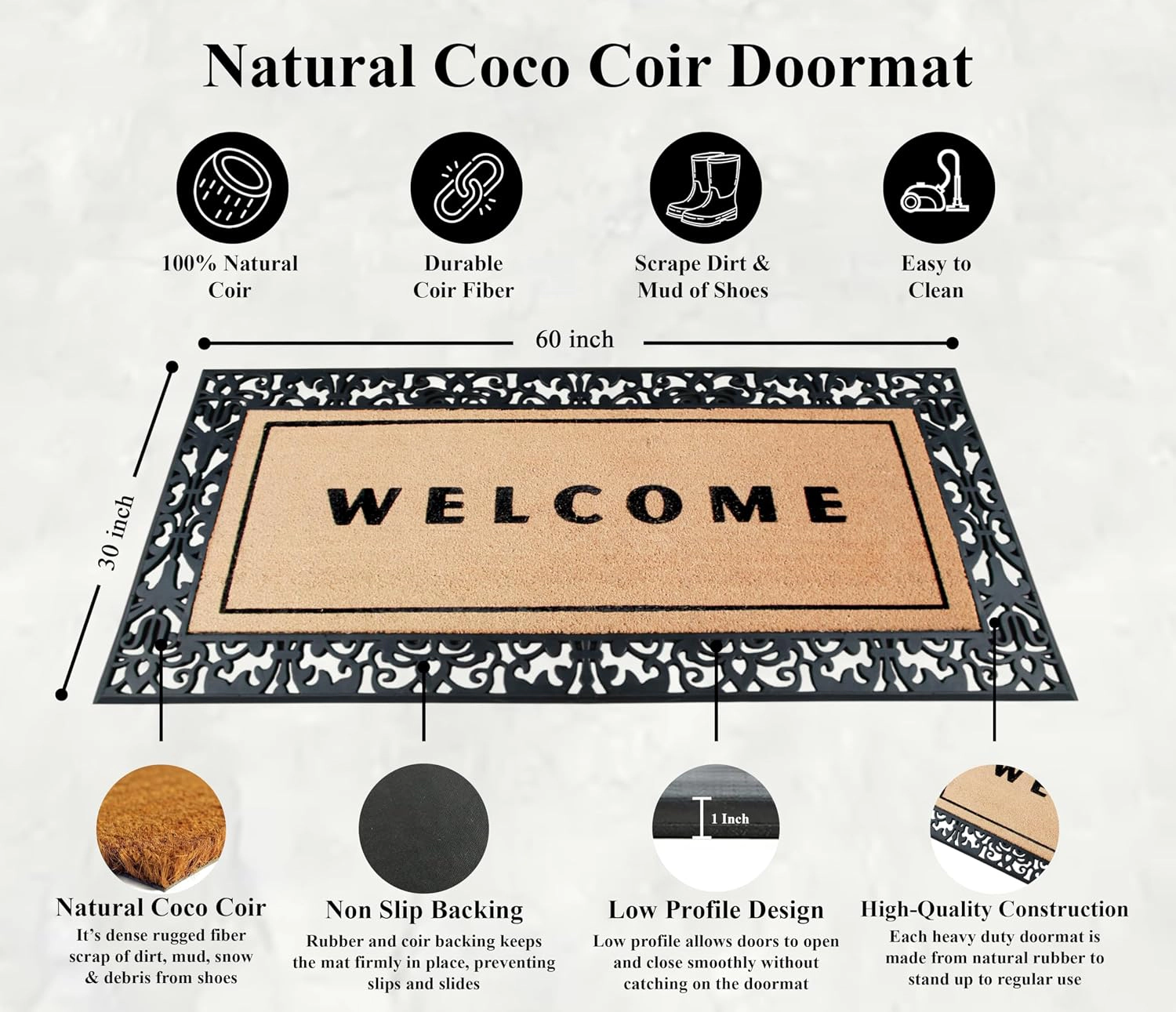 A1HC Coir Flocked Door Mat 30x60 Inches Heavy Duty Non-Slip Durable Flock Welcome Paisley Border