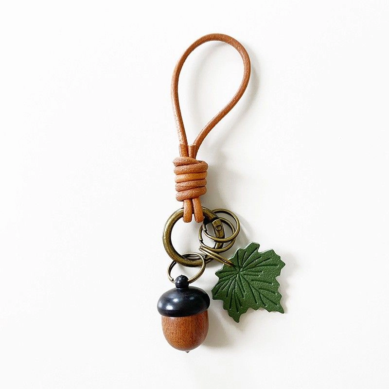 Alilang Women's Vintage Fruit Bag Charm Keychain with Leather Cord Loop Leaf Accent and Key Rings, Acorn Brown