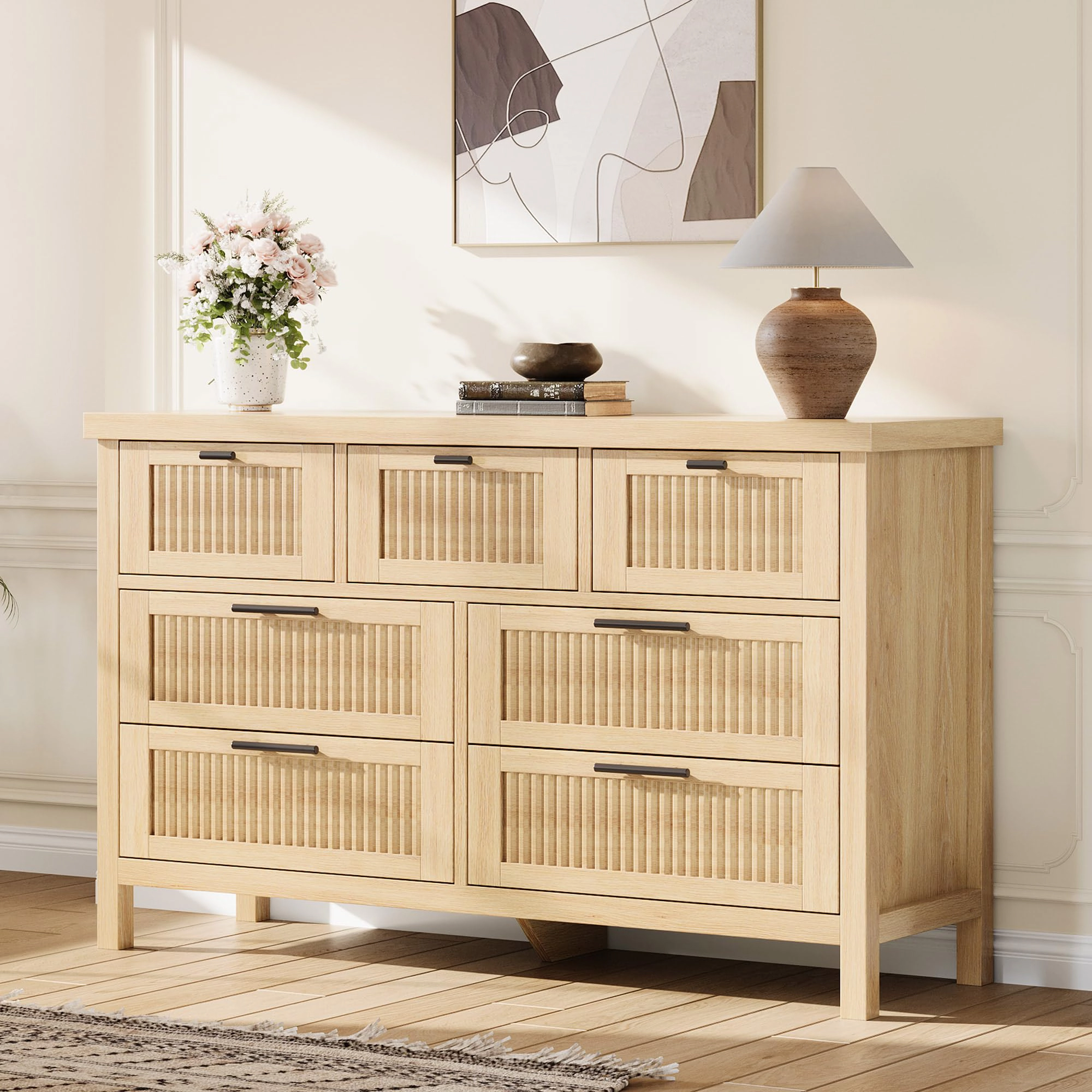 BebreezChic Fluted 7-Drawer Wide Dresser, 47.4"W×15.8"D×29.6"H, Engineered Wood Bedroom Chest, Wood Color