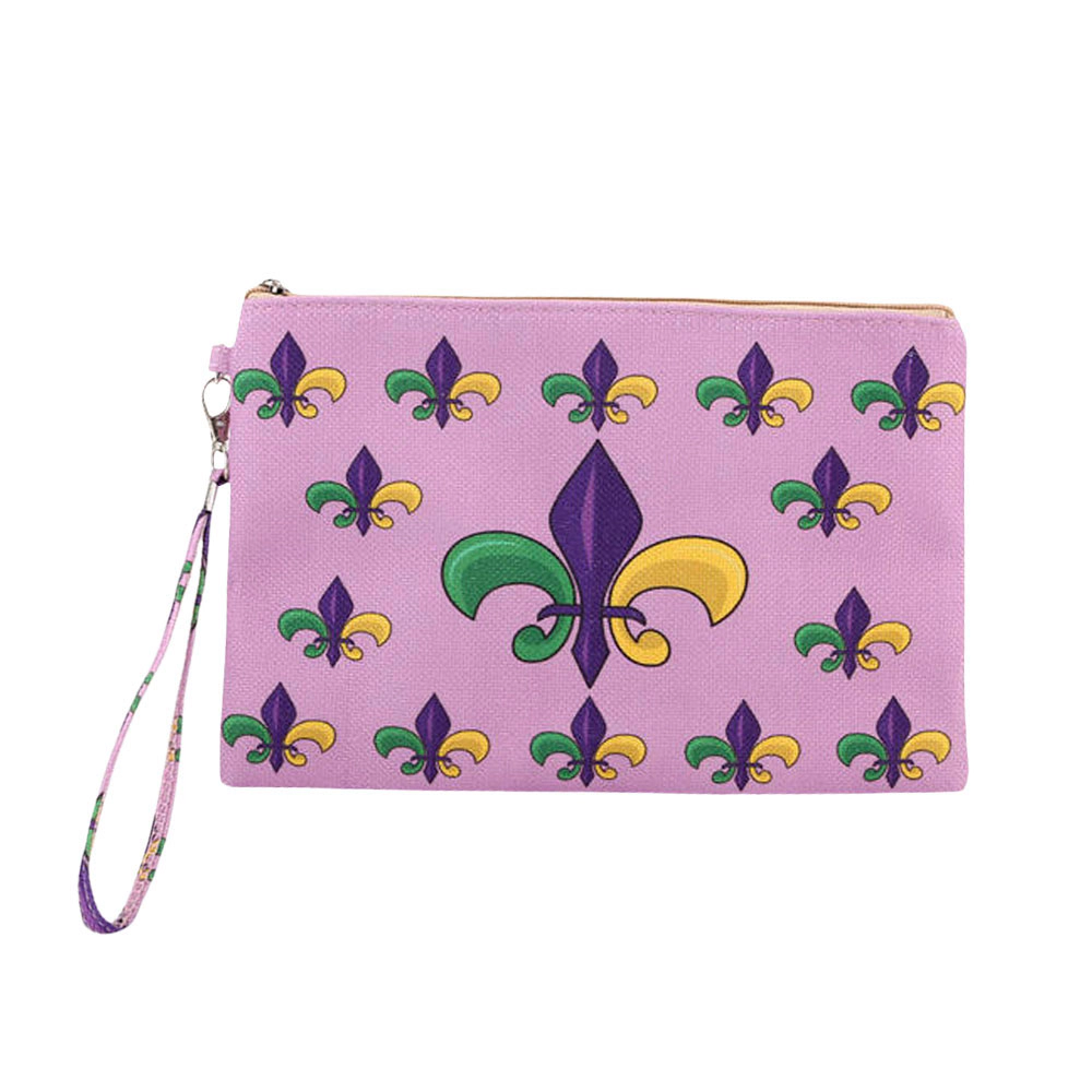 FASHNZFAB Mardi Gras Fleur de Lis Pattern Printed Pouch Bag / Clutch Bag with Wristlet