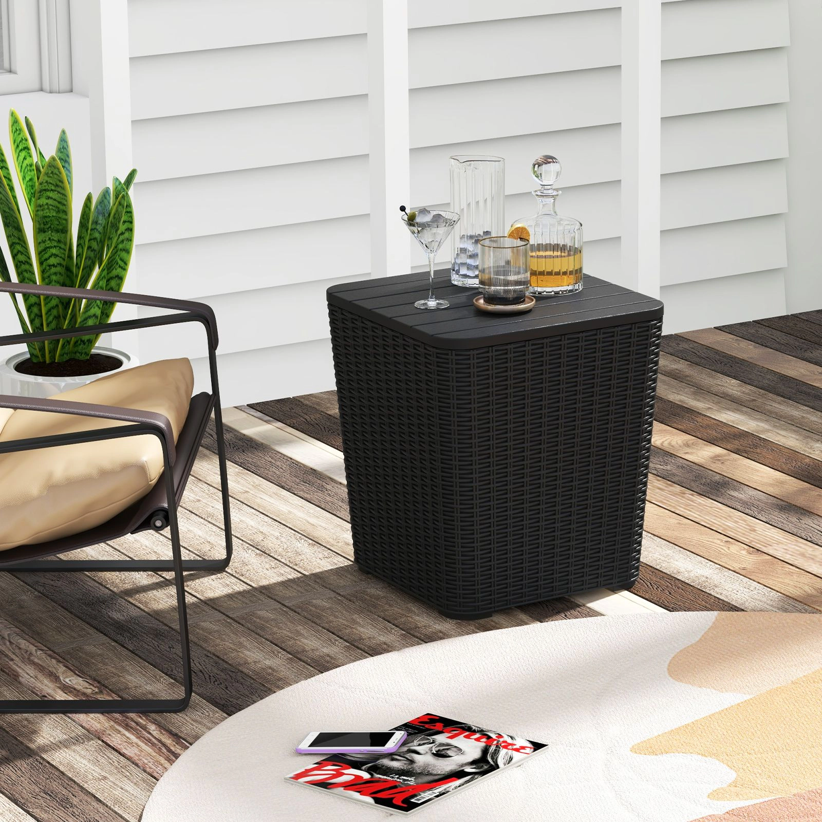 SlickBlue Outdoor Storage Side Table with Lid and Wicker Texture
