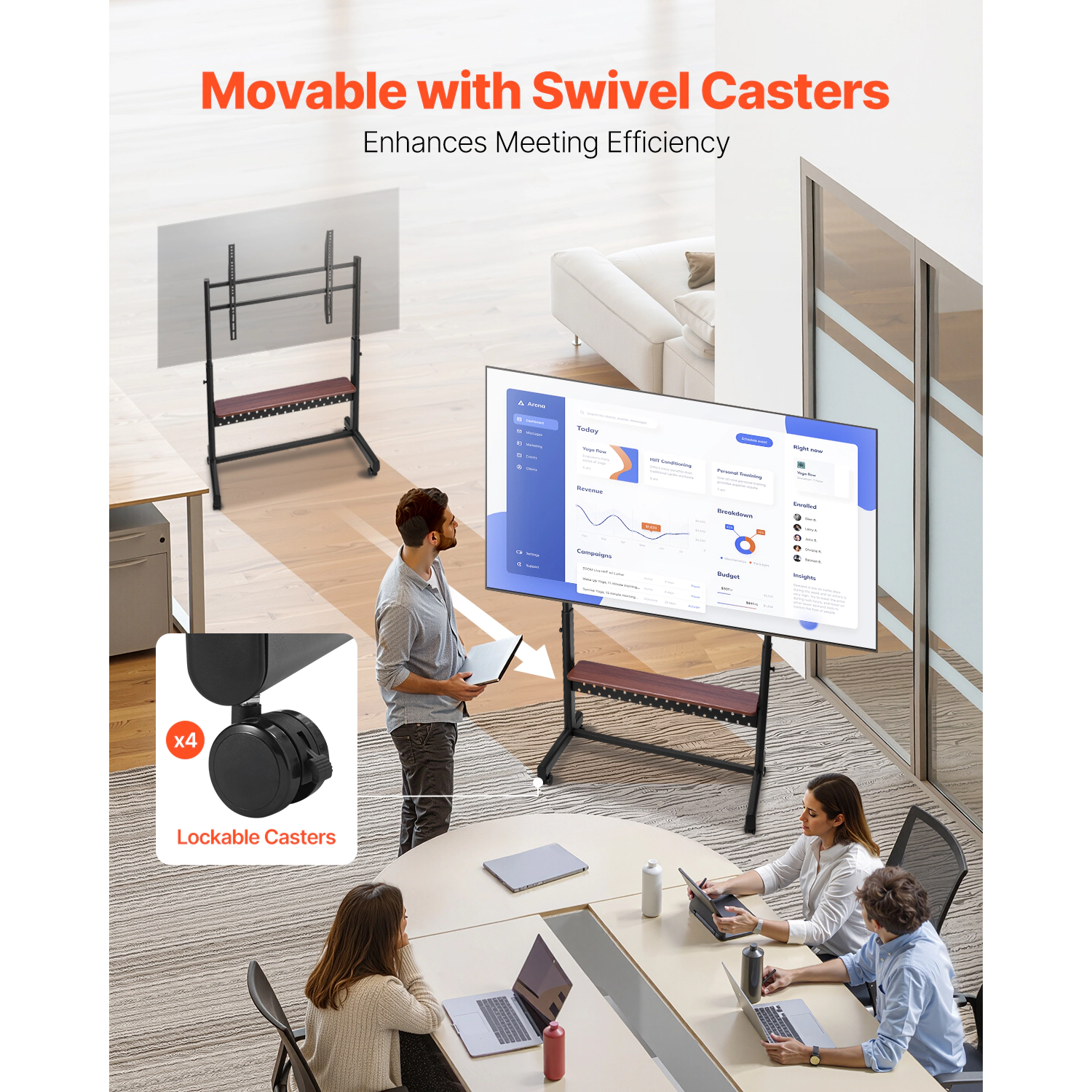 HONGGE Universal Rolling TV Cart for 55-100 Inch Screens, Height Adjustable Mobile Stand with Tray