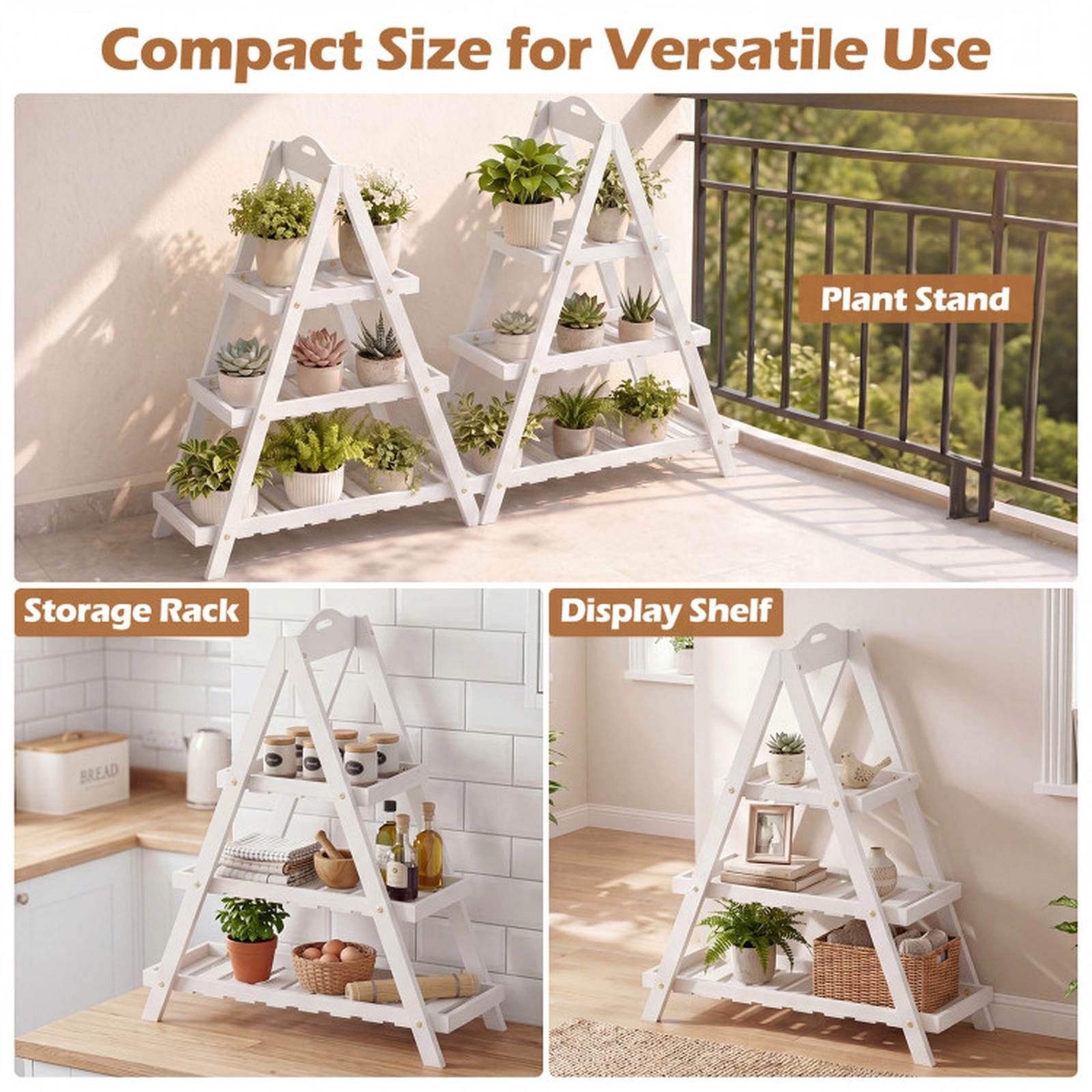 SUGIFT 3-Tier Plant Stand Flower Pot Display Shelf 33-lb Total Capacity 11-lb Per Shelf White/Natural
