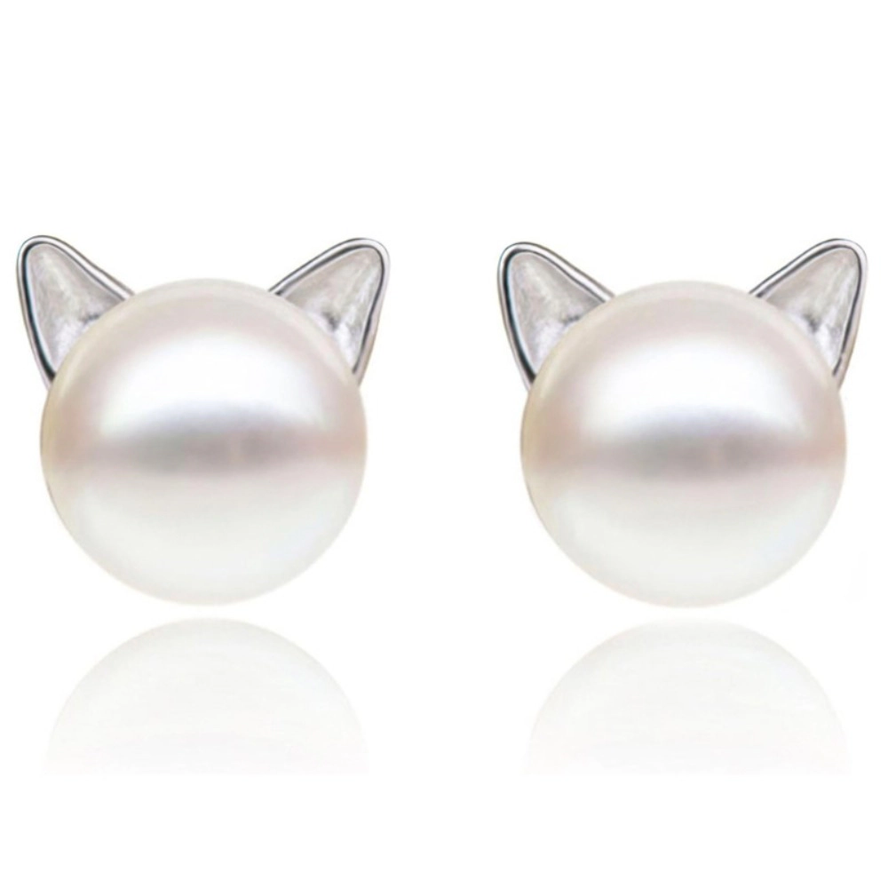Wardrobe Whimsy Dainty Cat Ear Imitation Pearl Stud Earrings Cute Animal Theme Jewelry