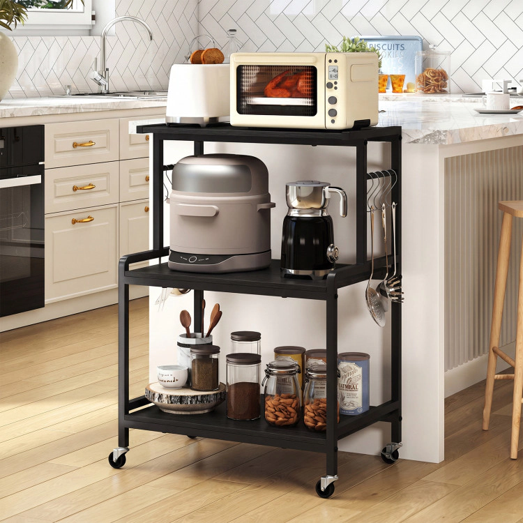 Hivvago 3-Tier Rolling Microwave Cart with Power Outlet and Lockable Wheels 10 Hooks