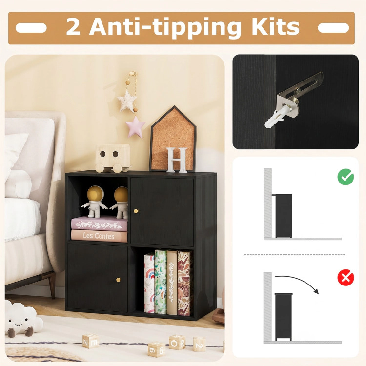 Hivvago 4-Cube Bookcase 3-Tier Bookshelf with Dual Anti-Tipping Kits and 2 Cabinets