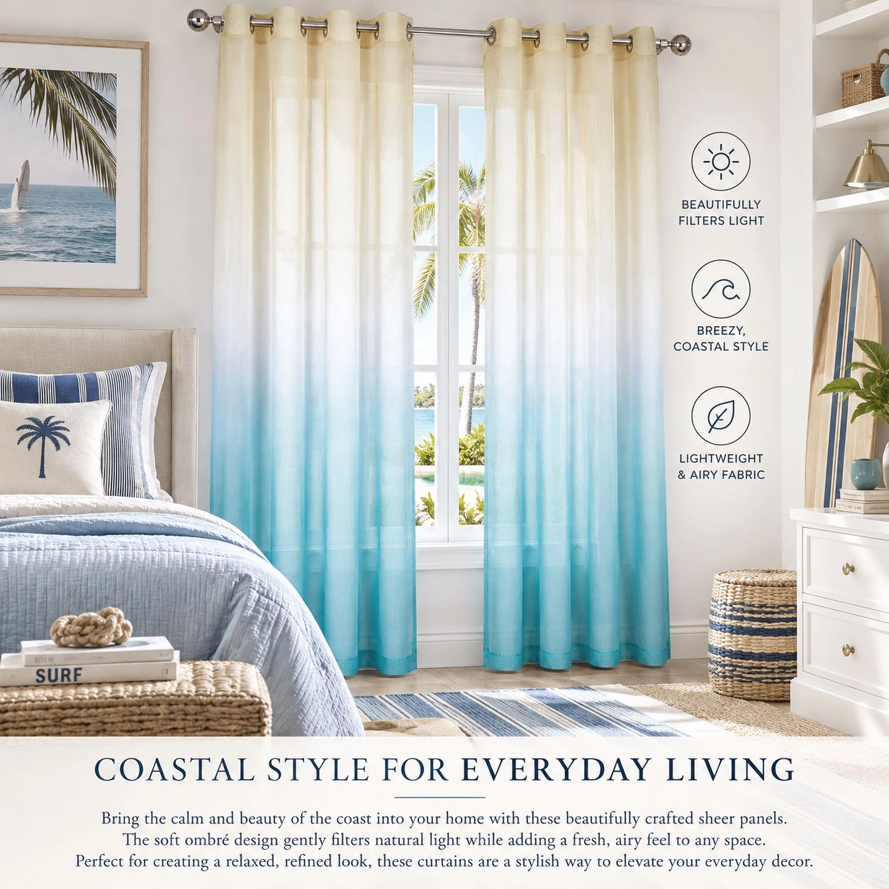 Kate Aurora 2 Piece Blue & Yellow Ombre Summery Sheer Grommet Top Curtain Panels - 84 in. Long