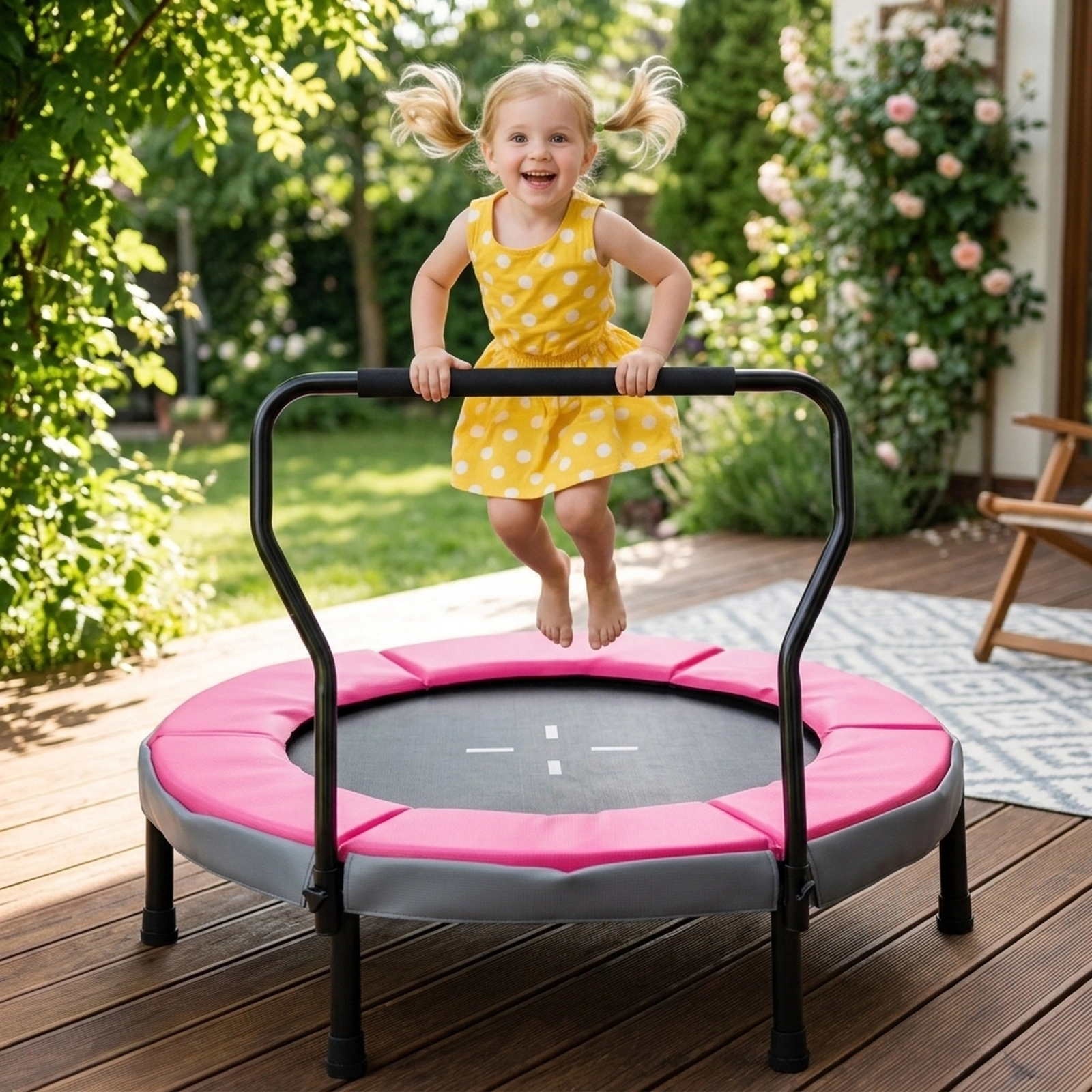 40-in Small Trampoline Kids Removable Foam Handlebar Ages 3-6 Indoor Outdoor Fitness Rebounder Pink Kids Trampoline