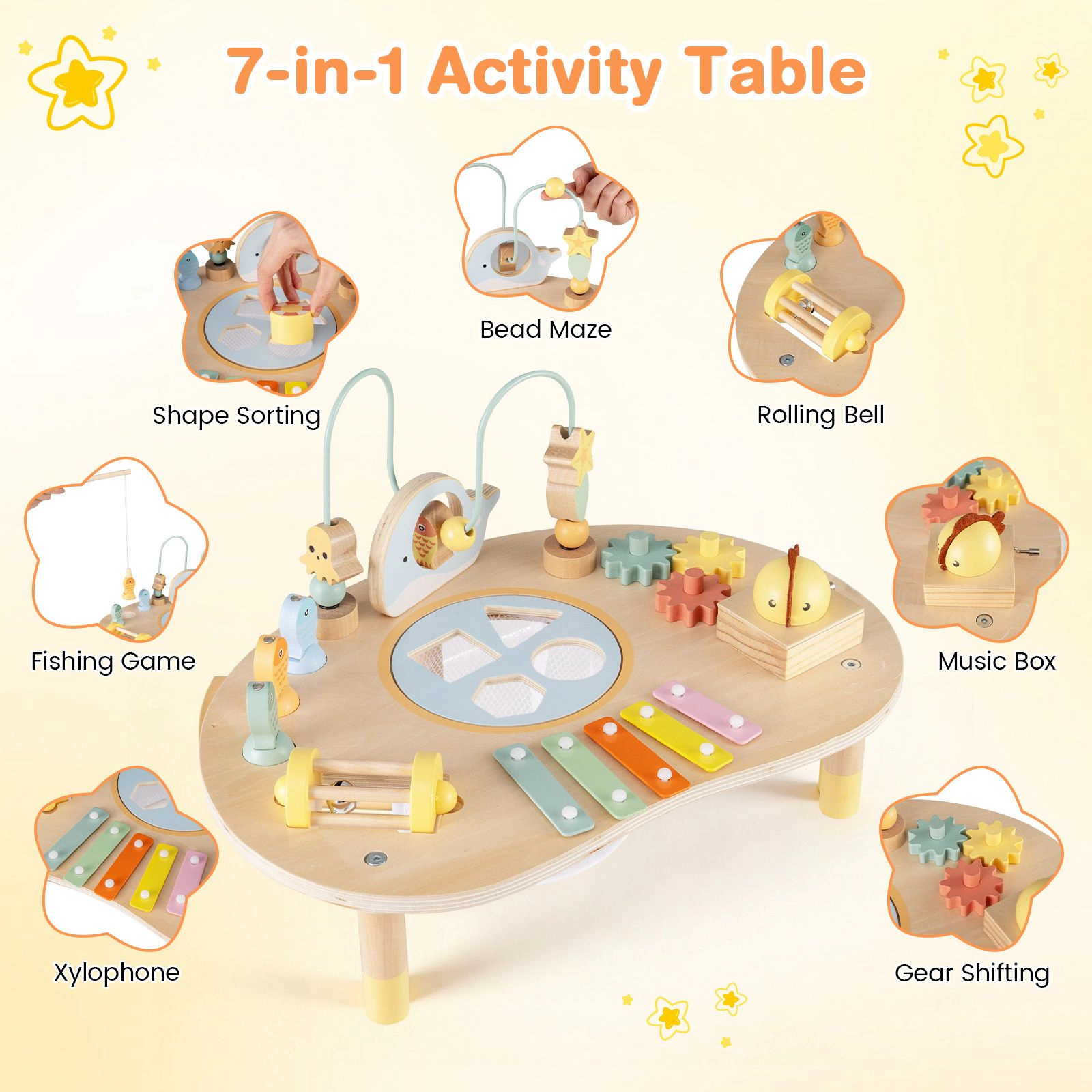 SlickBlue 7-in-1 Wooden kids Activity Table with Music and Learning Toys