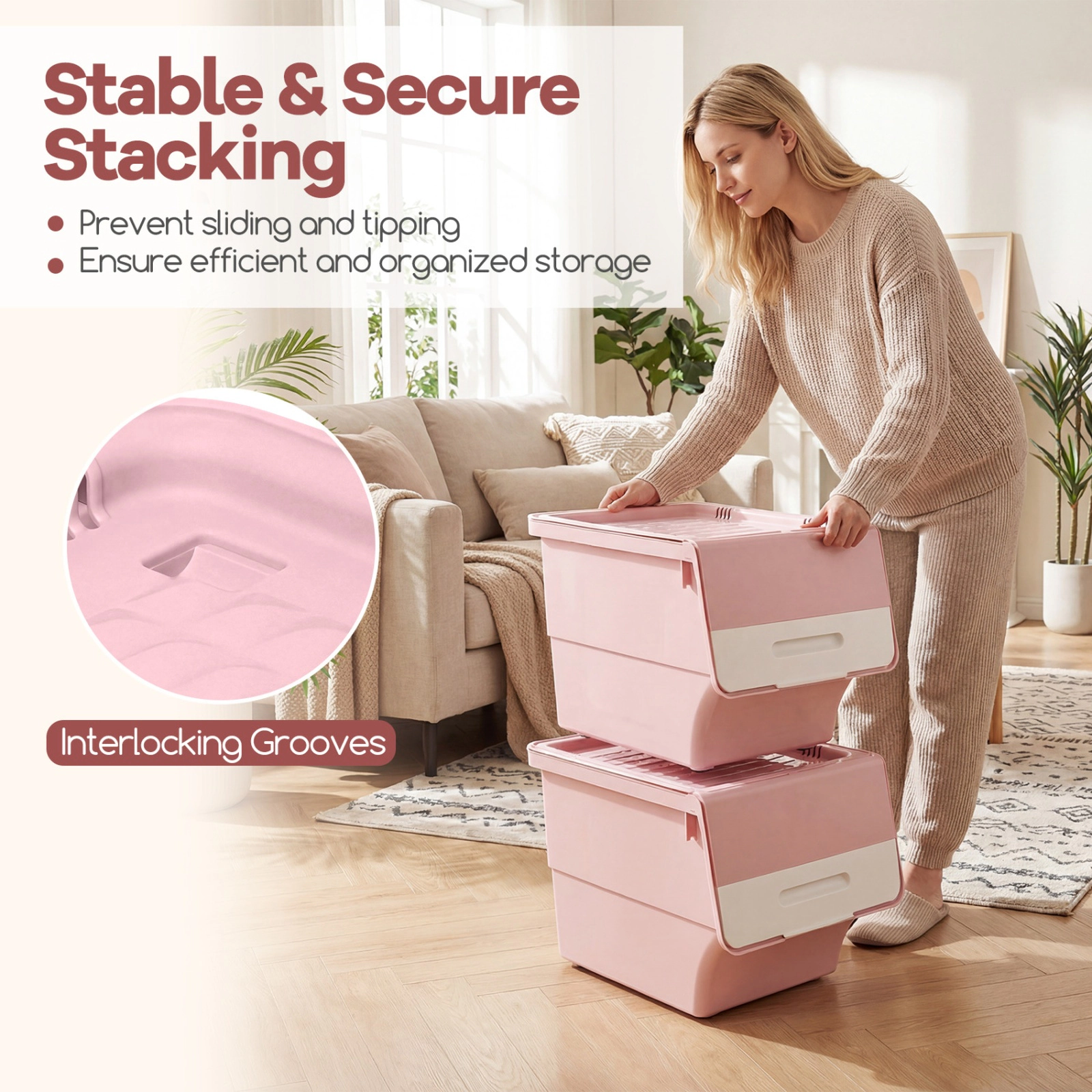 SUGIFT Stackable Plastic Storage Bins on Wheels with Stay-Open Lid 20-lb Lid 22-lb Inner Capacity White + Pink