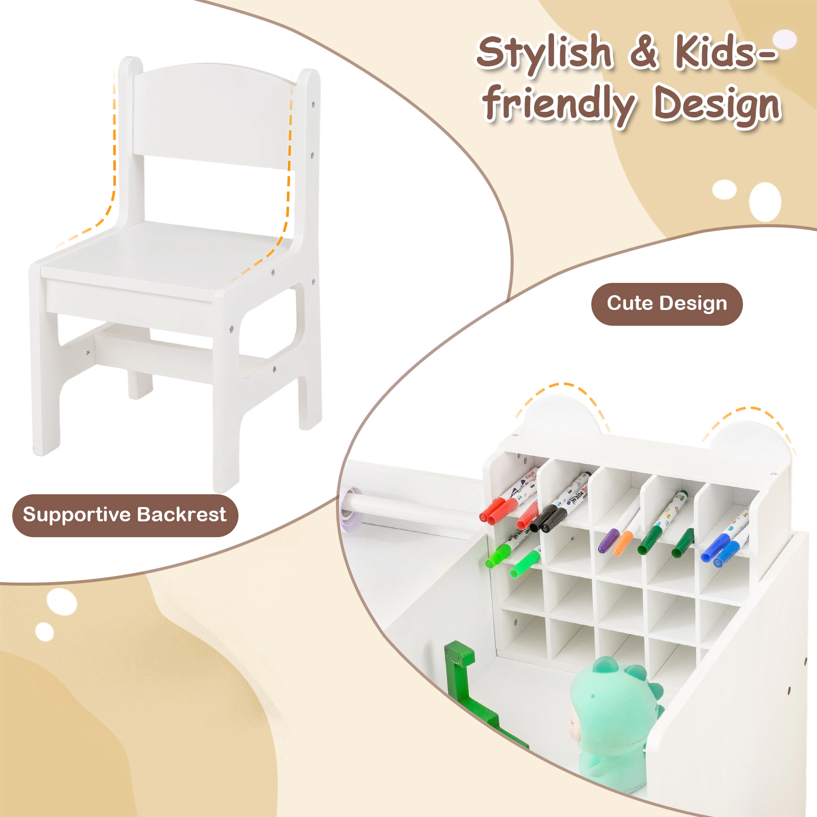 SUGIFT White Toddler Desk and Chair Set, 42.5-in Learning Station with Paper Roll, Cubby and Shelves