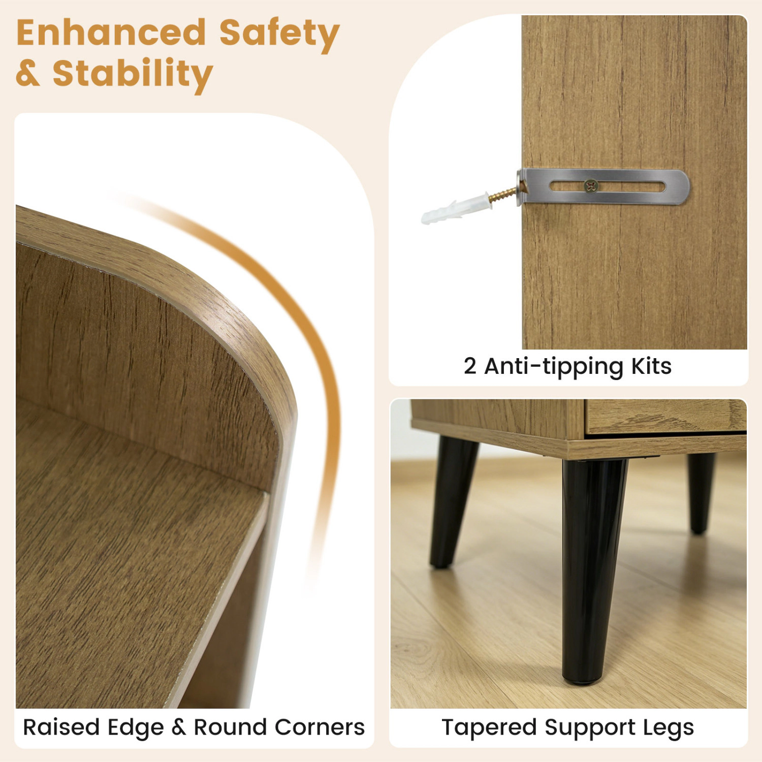 Hivvago Mid Century Modern Nightstand With Charging Station And Led Lights