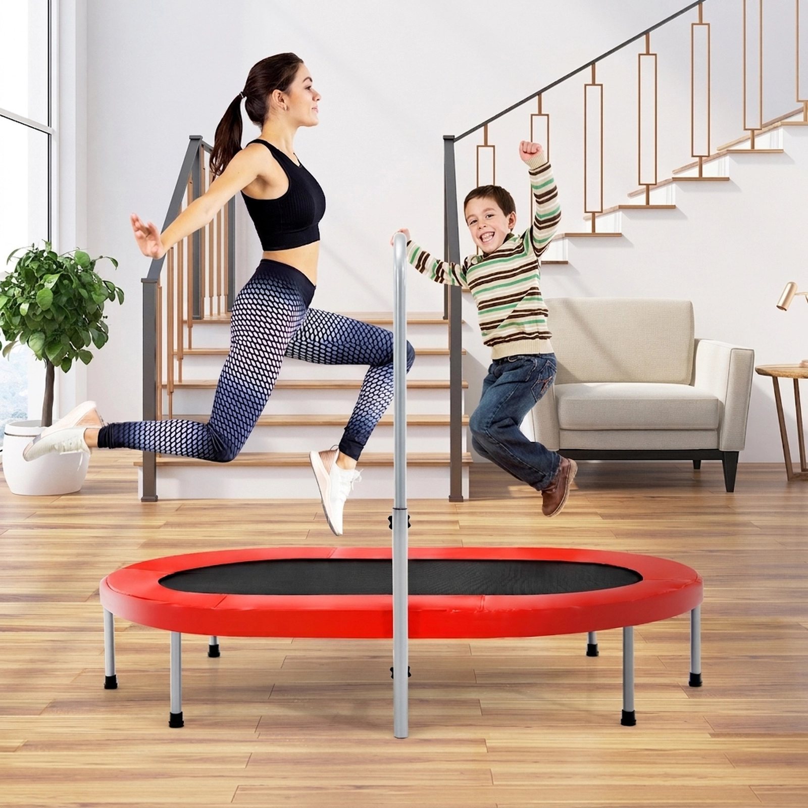 2-Person Folding Rebounder Trampoline Adjustable Foam Handle 36-in to 52-in 5 Levels 330-lb 40 Springs Red