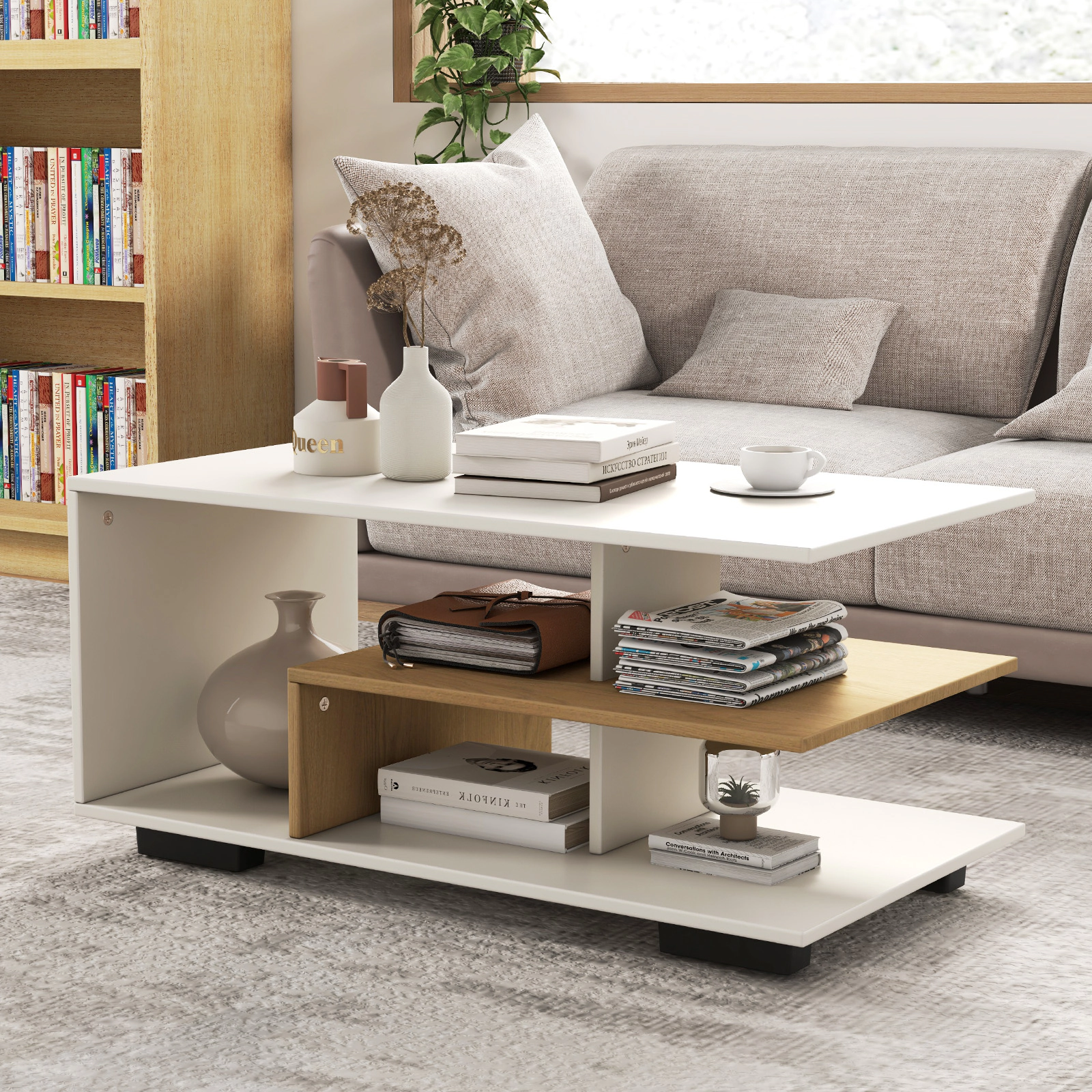 SUGIFT 3-Tier L-Shaped Middle Shelf Wood Rectangular Coffee Table 35.5-in x 19.5-in x 16.5-in 110-lb Capacity White