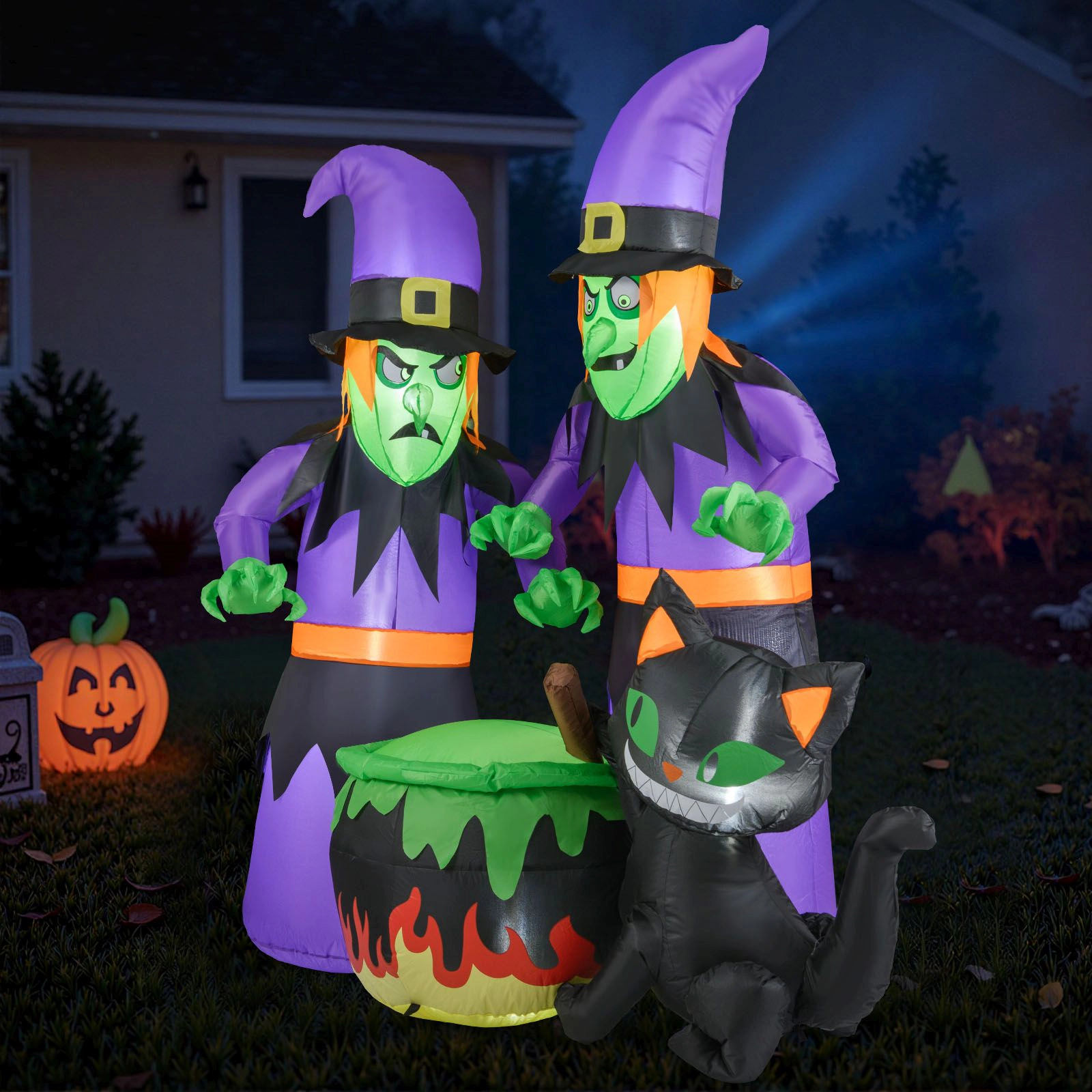 Slickblue Lighted Outdoor Halloween Witch Yard Display with Black Cat Accent