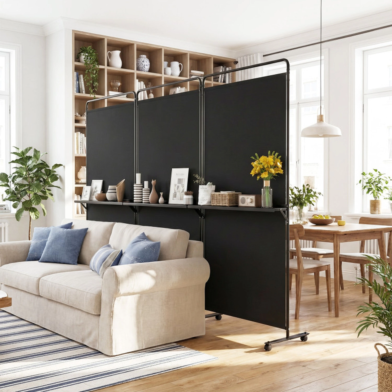 SUGIFT Black 3-Panel 74-in Tall Folding Room Divider with 3 Metal Shelves and 8 Lockable Universal Wheels