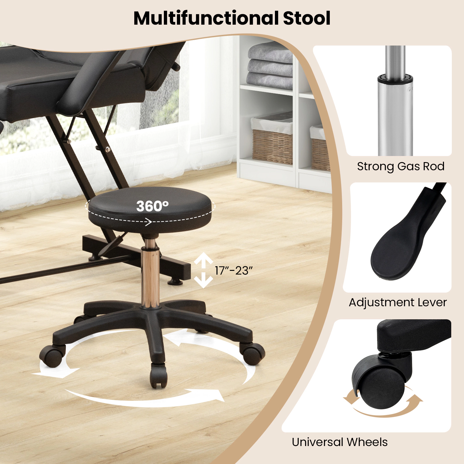SUGIFT Black Facial Bed and Salon Stool Set with Removable Headrest and Towel Rack 73-in W 440-lb Chair Capacity