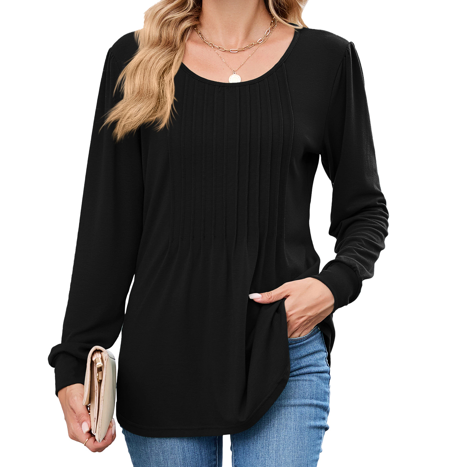 Enchanted Funland Womens Round Neck Pleated Front Puff Shoulder Long Sleeve Tops