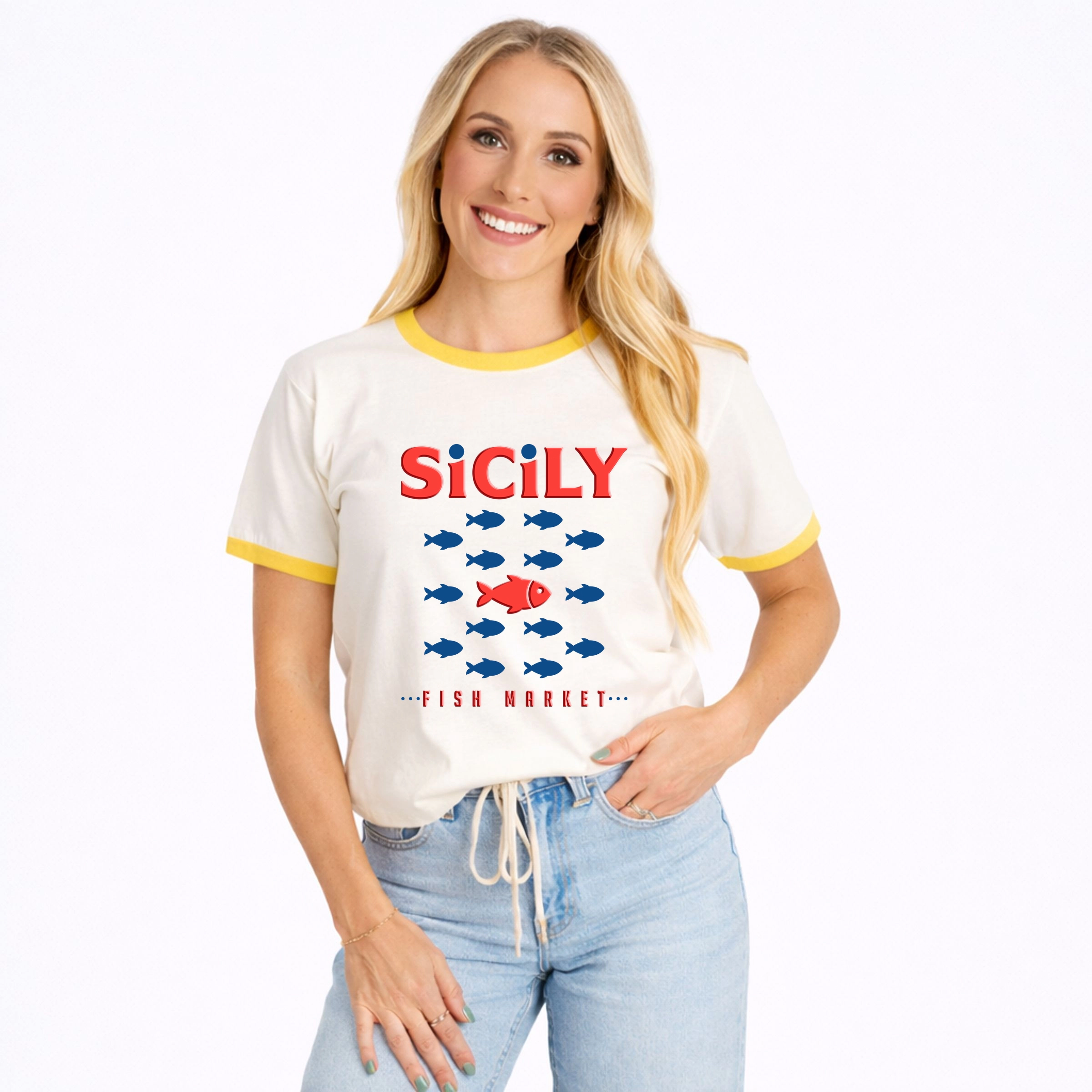 Simply Sage Market - Sicily Fish Puff Print Women's Ringer Graphic T-Shirt