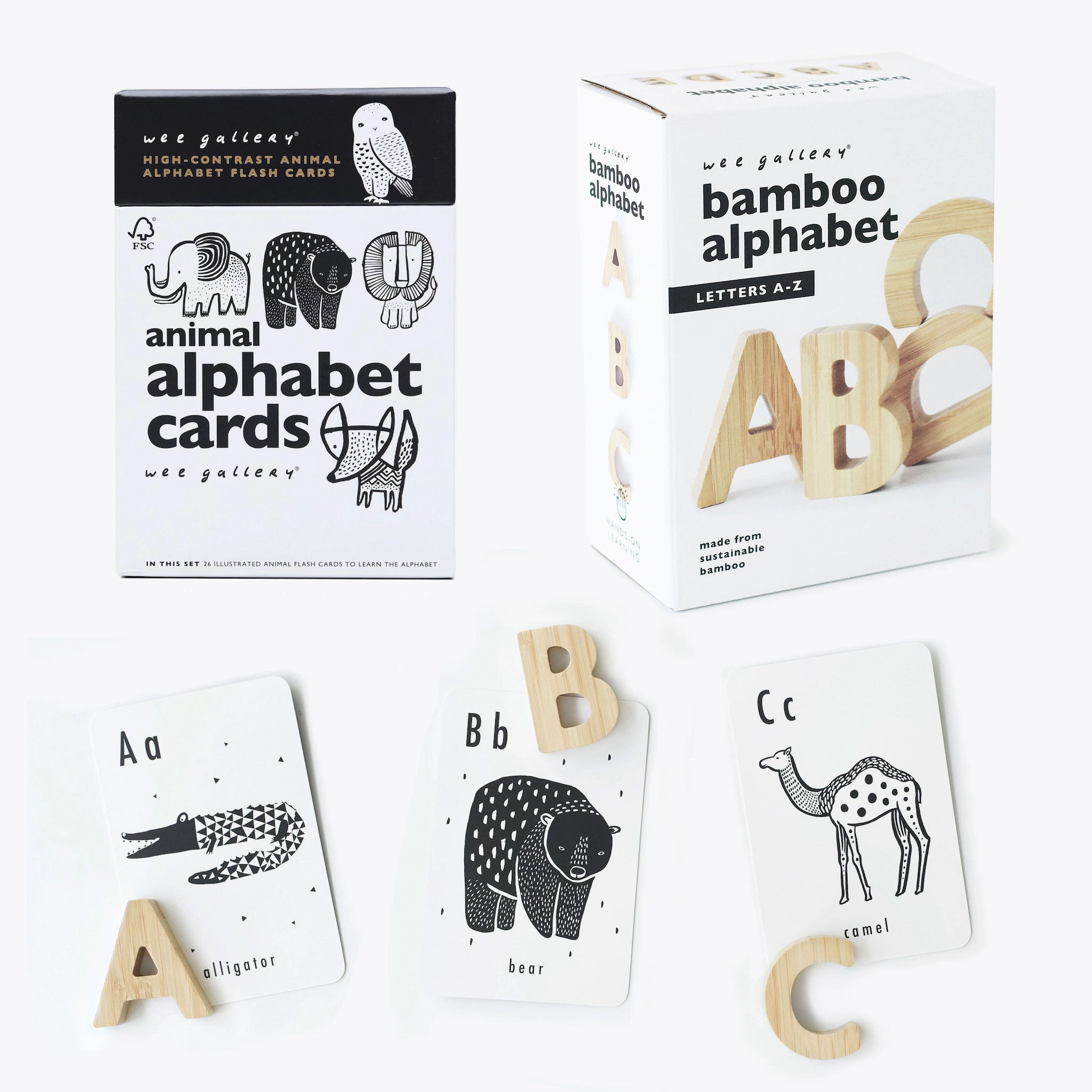 Wee Gallery Alphabet Adventure Bundle - 26-Piece Bamboo Alphabet Set with Animal Alphabet Cards