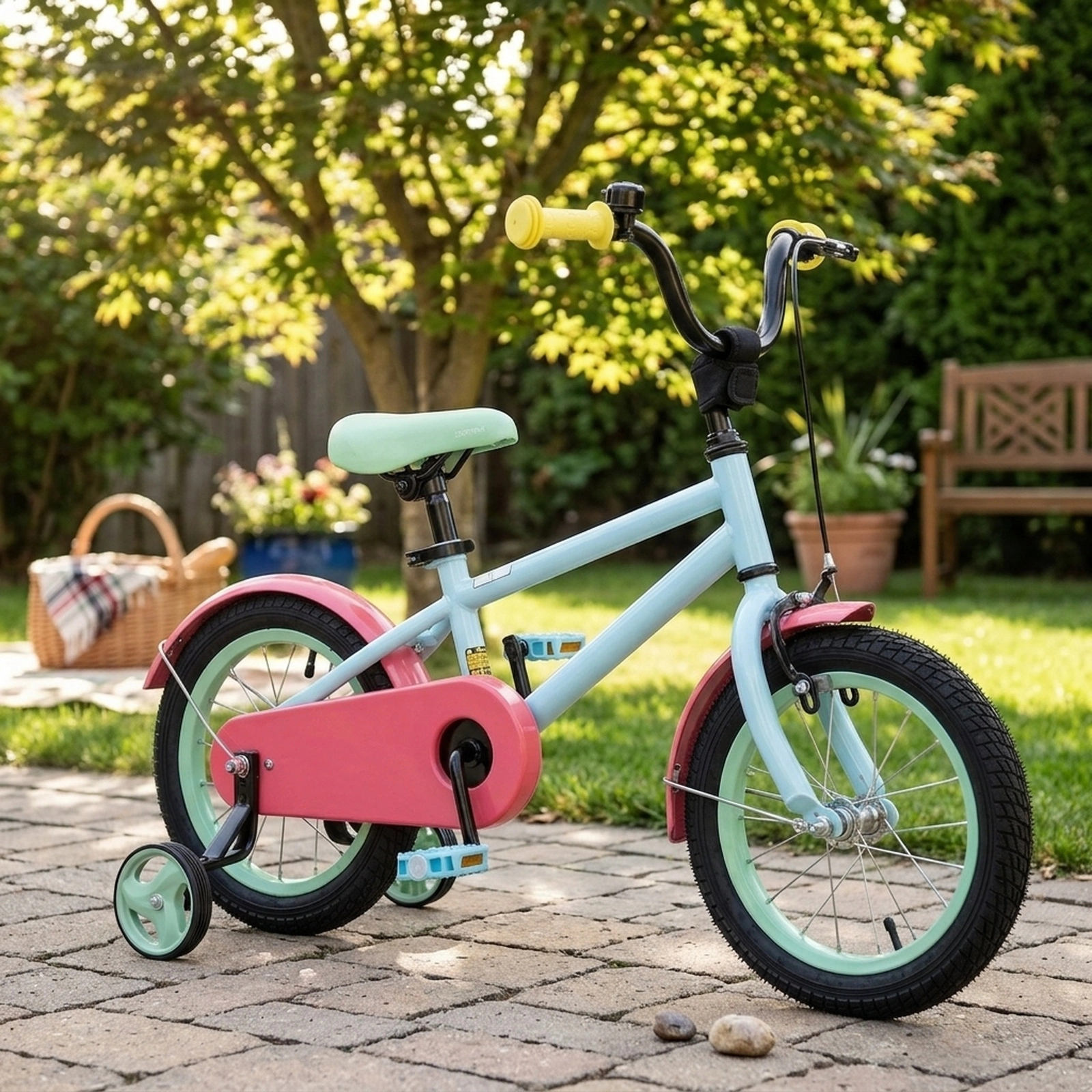 14-in Kids Bike Anti-Puncture Shock-Absorbing Wheels Removable Training Wheels Quick-Release Saddle Ages 3-5 Blue