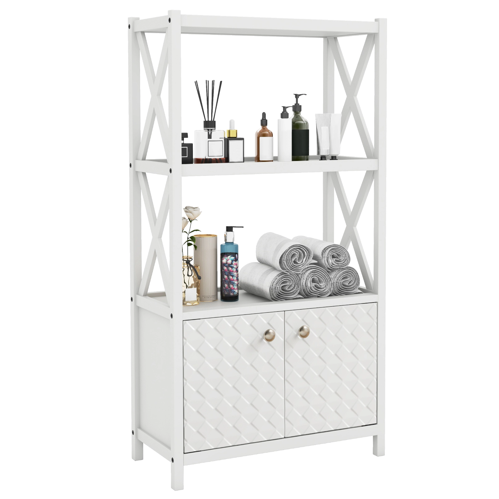 SUGIFT White 88-lb Capacity 47-in Tall Bathroom Storage Cabinet with Open Shelves Double Doors and X-Bars