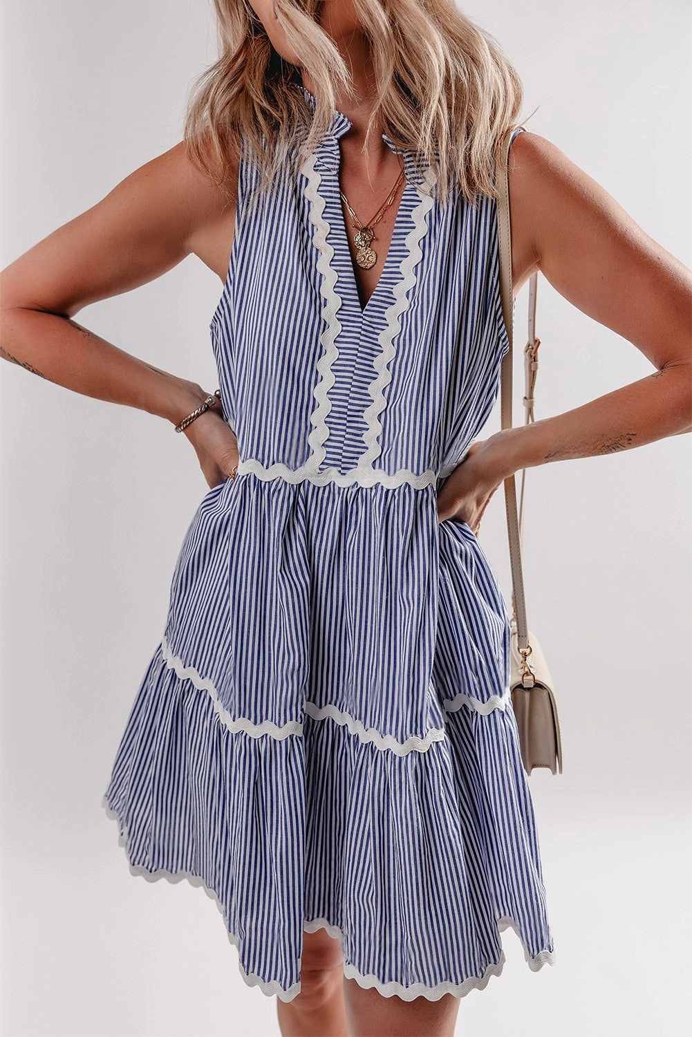 Threaded Pear Women's Macie Sleeveless Notched V Neck Ric Rac Dress