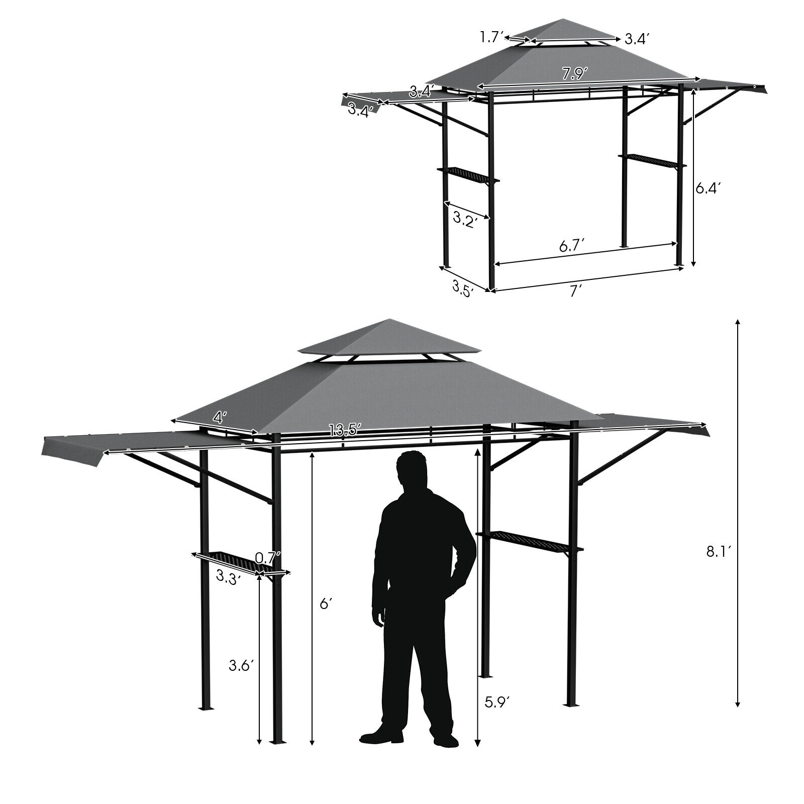 SUGIFT Patio BBQ Grill Gazebo Canopy with 2-Tier Roof and Dual Adjustable Side Awnings Beige/Gray