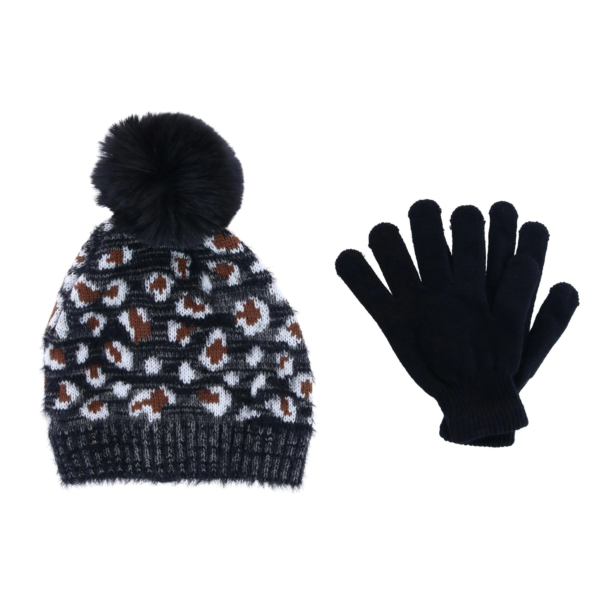 CTM Girl's 7-14 Leopard Print Winter Pom Hat and Glove Set by Connex Gear