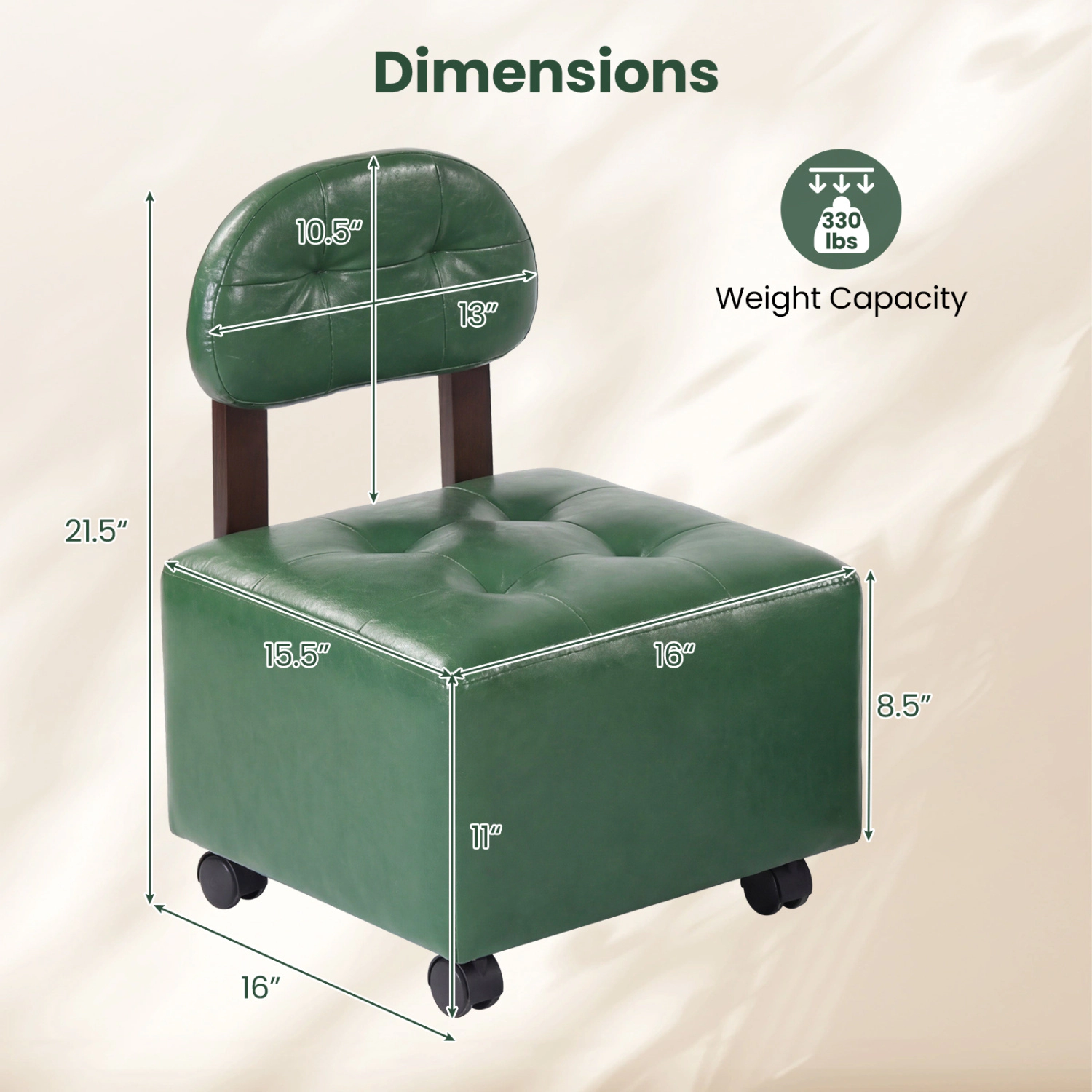 Glintex 2-Piece Rolling Footstool Set with Backrests and Lockable Wheels, Green