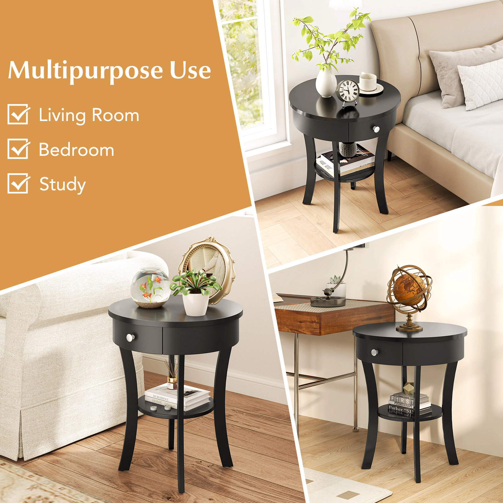 Glintex Round 2-Tier End Table with Open Drawer and Rubber Wood Legs