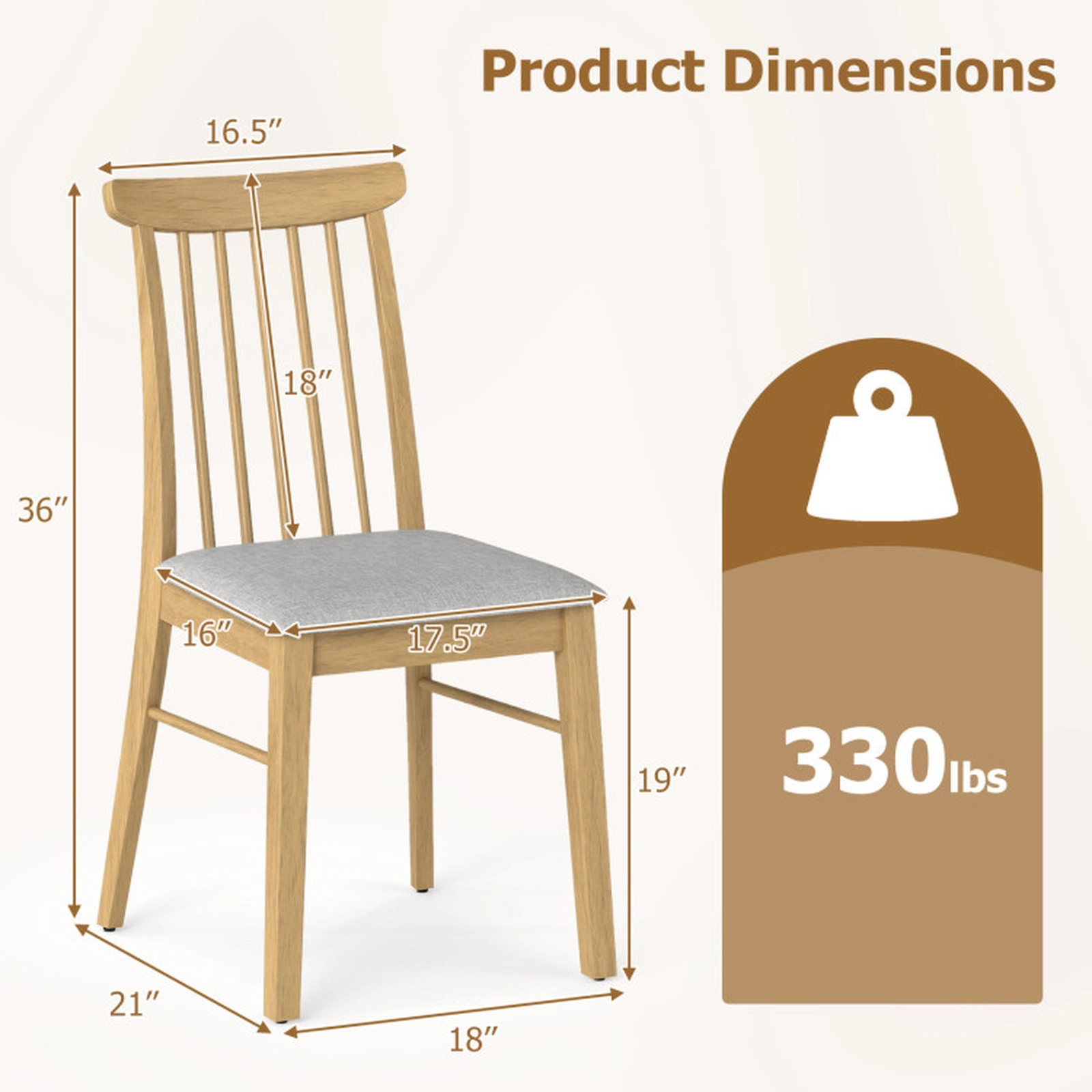 SUGIFT Fabric Upholstered Dining Chair Set of 2 Armless Rubber Wood Frame 330-lb Capacity 36-in Tall Gray + Natural