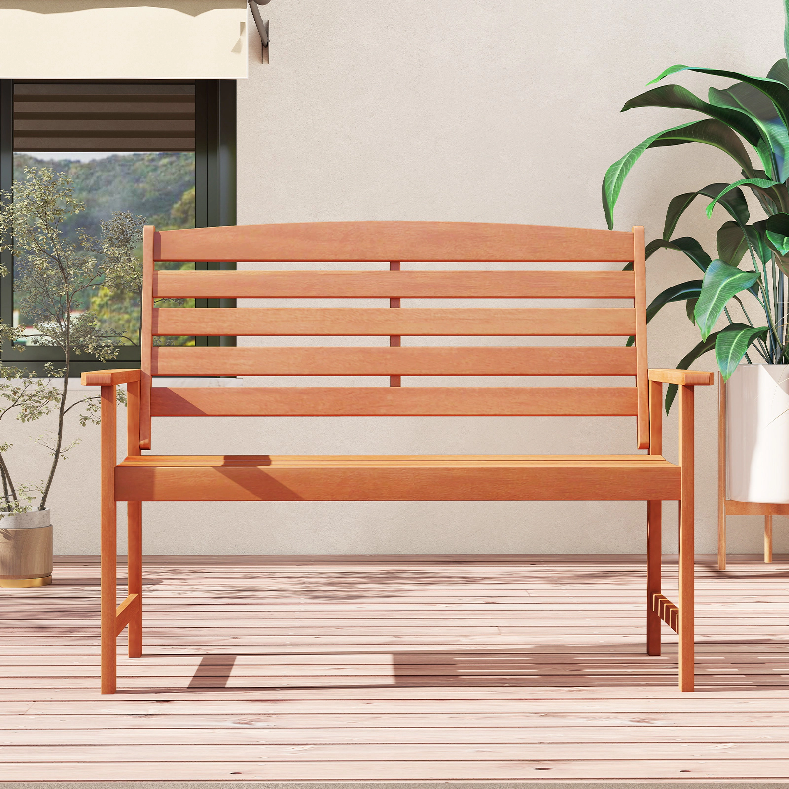 LJG 2-Person Wooden Garden Bench with Slatted Backrest and Comfortable Armrests