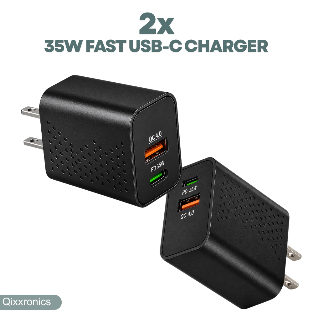 Qixxronics 35W USB C Fast Charger Plus USB-A Port Power Adapter for iPhone 16 15 14 13 12 11 XS Max SE 8Plus 7 6 (2 Pack)
