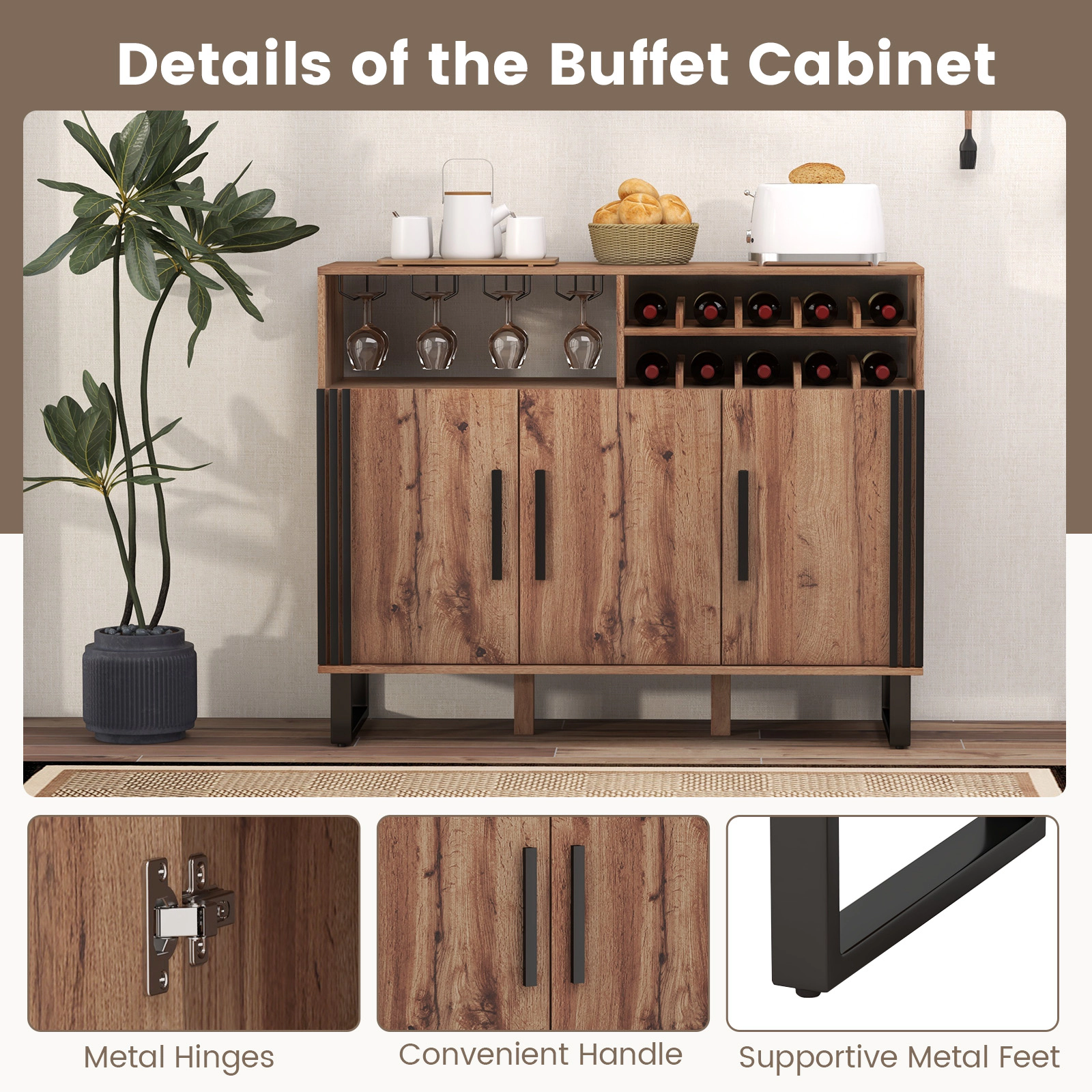 Glintex 47-Inch Wine Bar Cabinet with 2-Tier Wine Rack and 4-Row Glass Holder, Brown