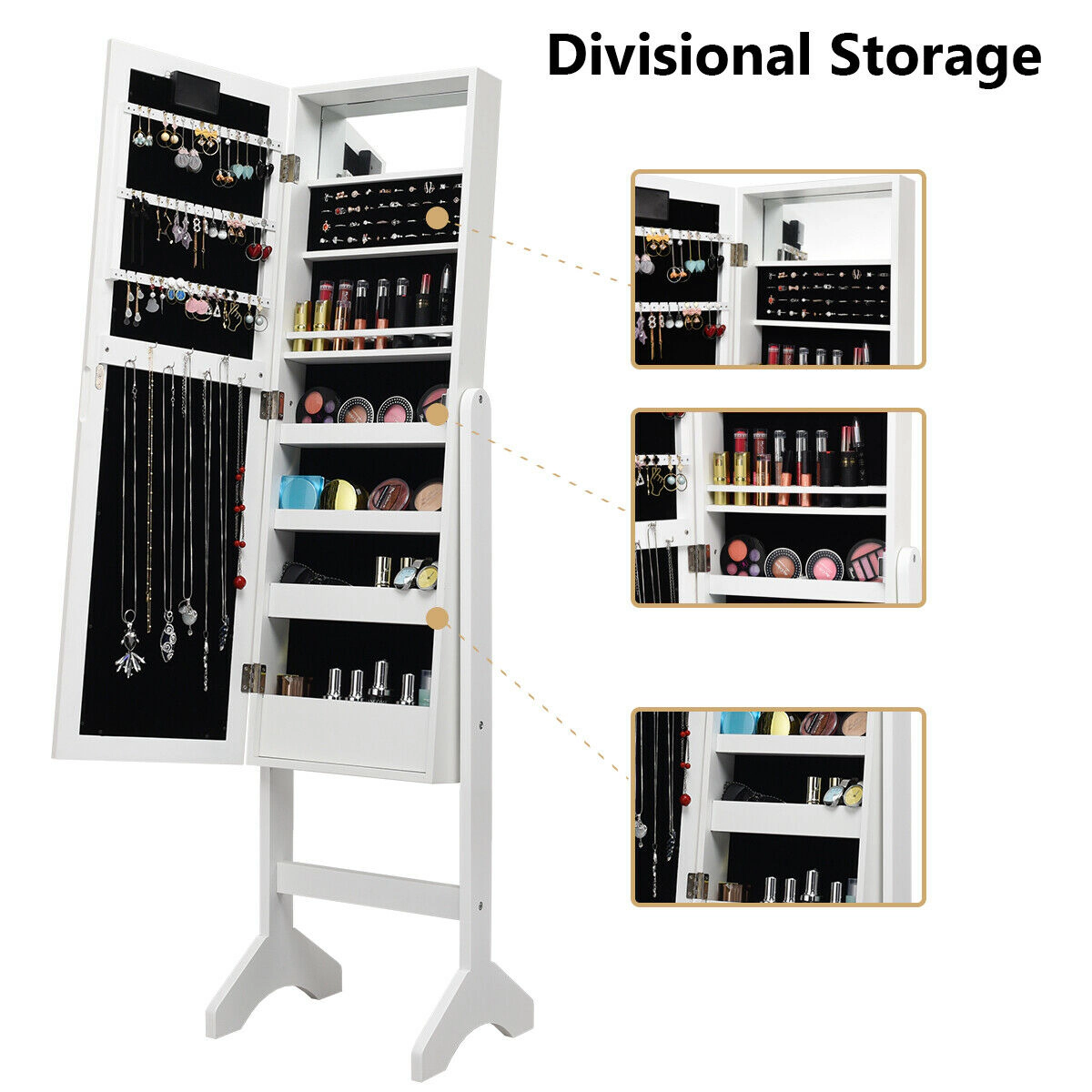 SUGIFT 57 in Mirrored Jewelry Armoire White Organizer Cabinet with 18 Marquee LED Lights