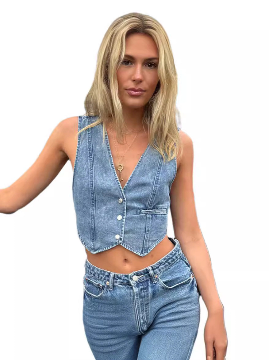 KOJOOIN Women's Cropped Western Denim Vest Top V Neck Waistcoat Cowgirl Jean Tops Country Concert Outfit
