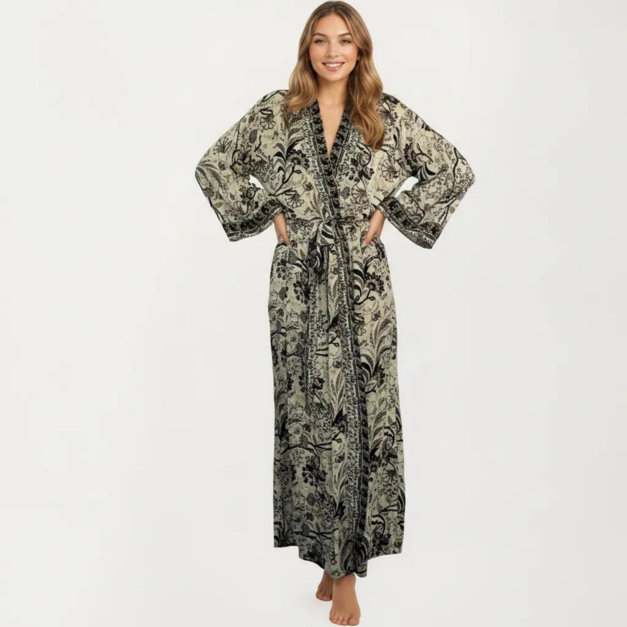 Anna-Kaci Women's Floral Paisley Maxi Dress with Long Sleeves Adjustable Waist Tie and Flowing Relaxed Fit