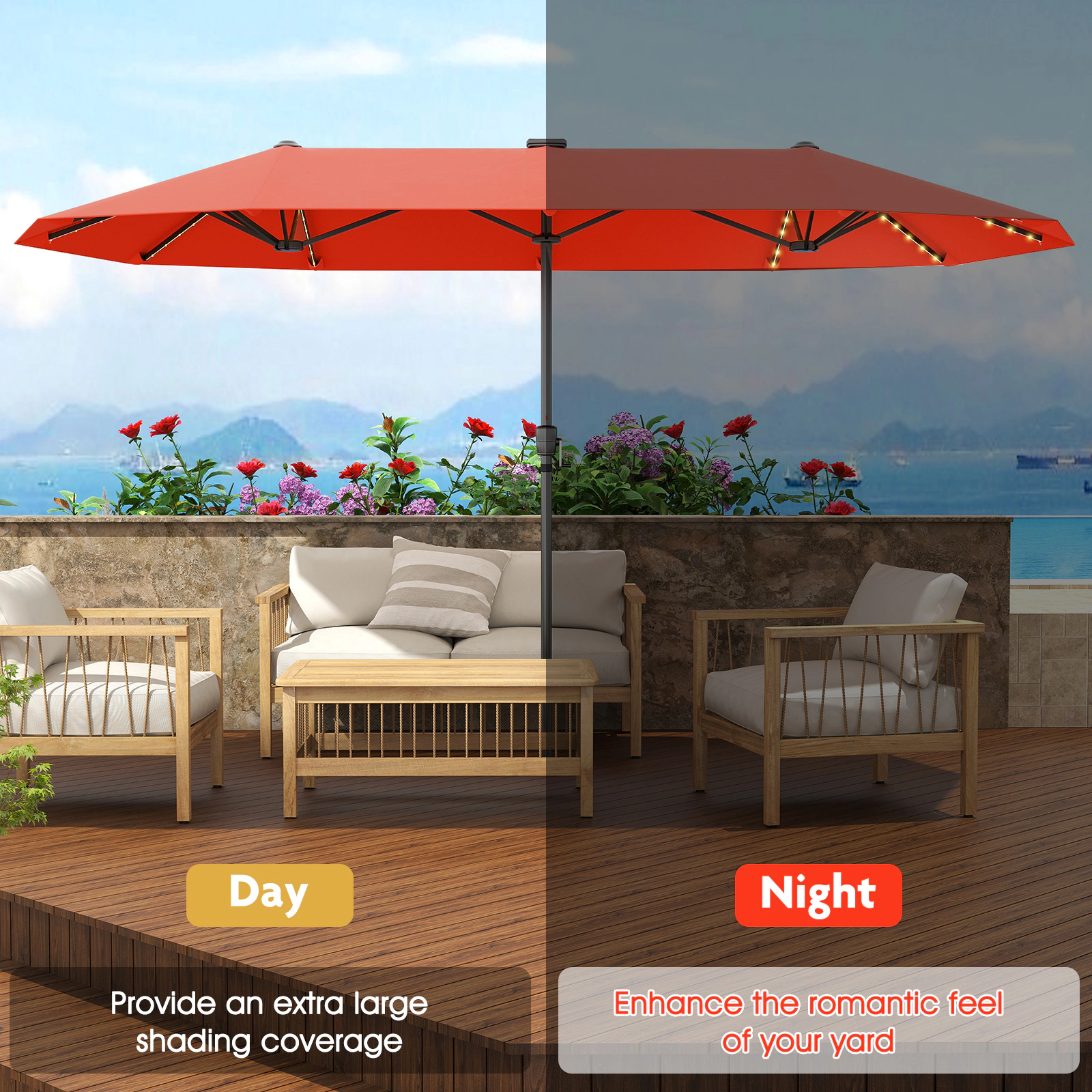 SUGIFT 13-ft Orange Rectangular Double-Sided Market Patio Umbrella with 108 Solar LED Lights and Crank Lift