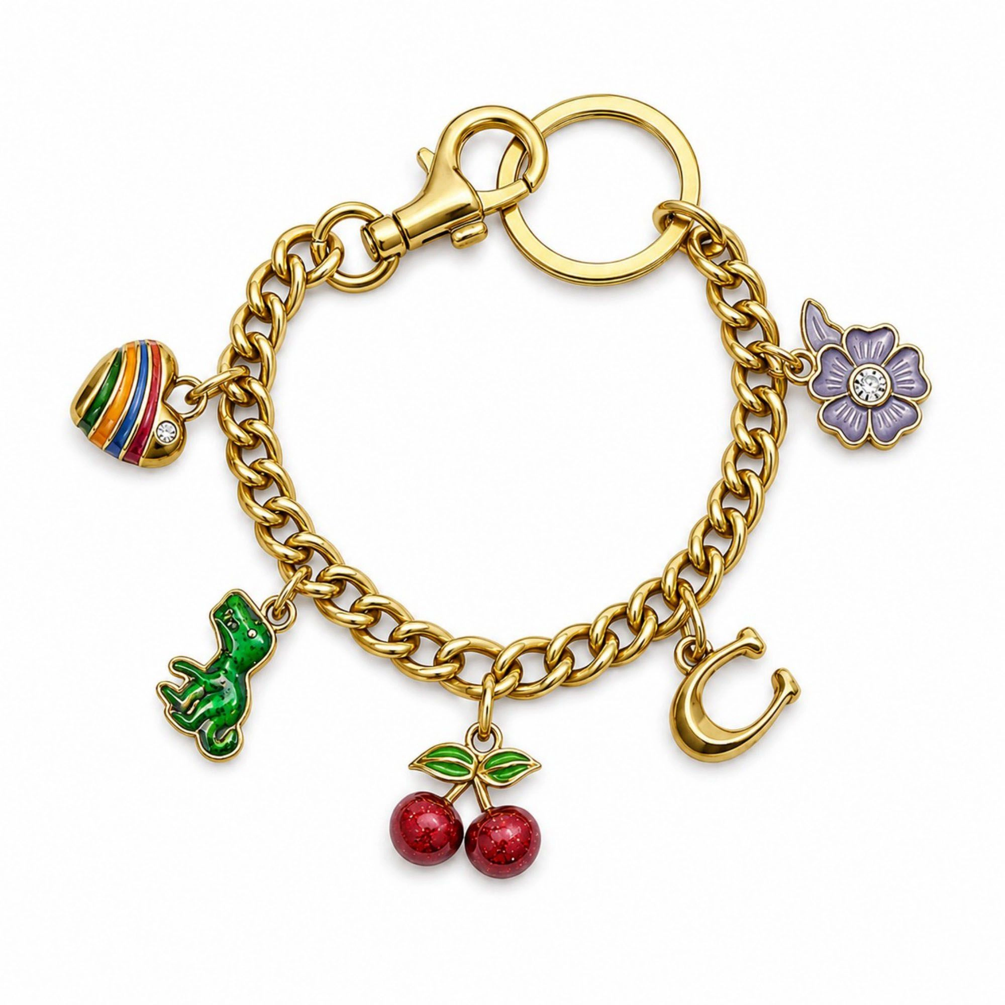 Alilang Women's Gold Tone Charm Chain Bag Accessory with Cherry Dinosaur Heart Flower and Horseshoe Accents
