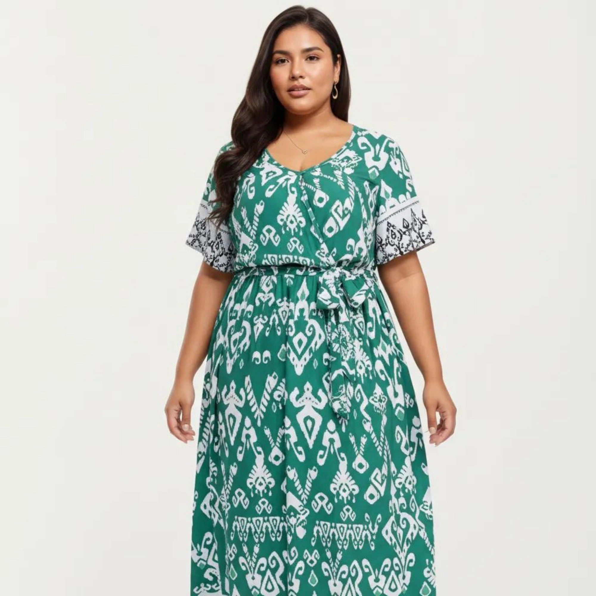 Anna-Kaci Women's Short Sleeve V Neck Waist Tie Belt All Over Print Border Detail Flowy Fit Midi Dress