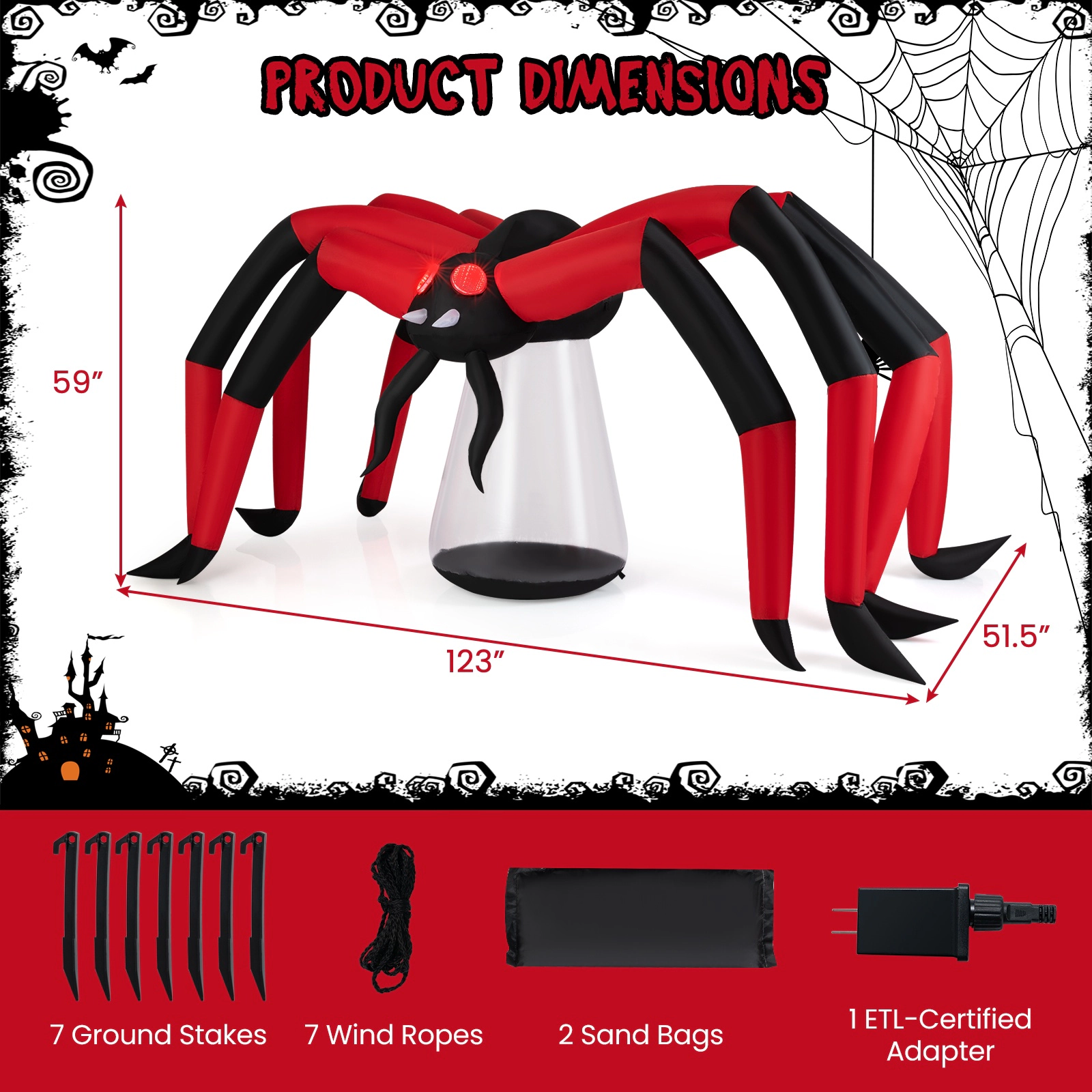 SUGIFT 10-Ft Black and Red Inflatable Halloween Spider with Red LED Tunnel Eyes