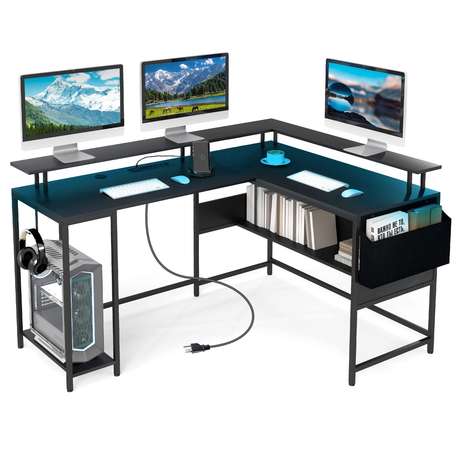 SlickBlue L Shaped Computer Desk with LED Lights and Power Strip