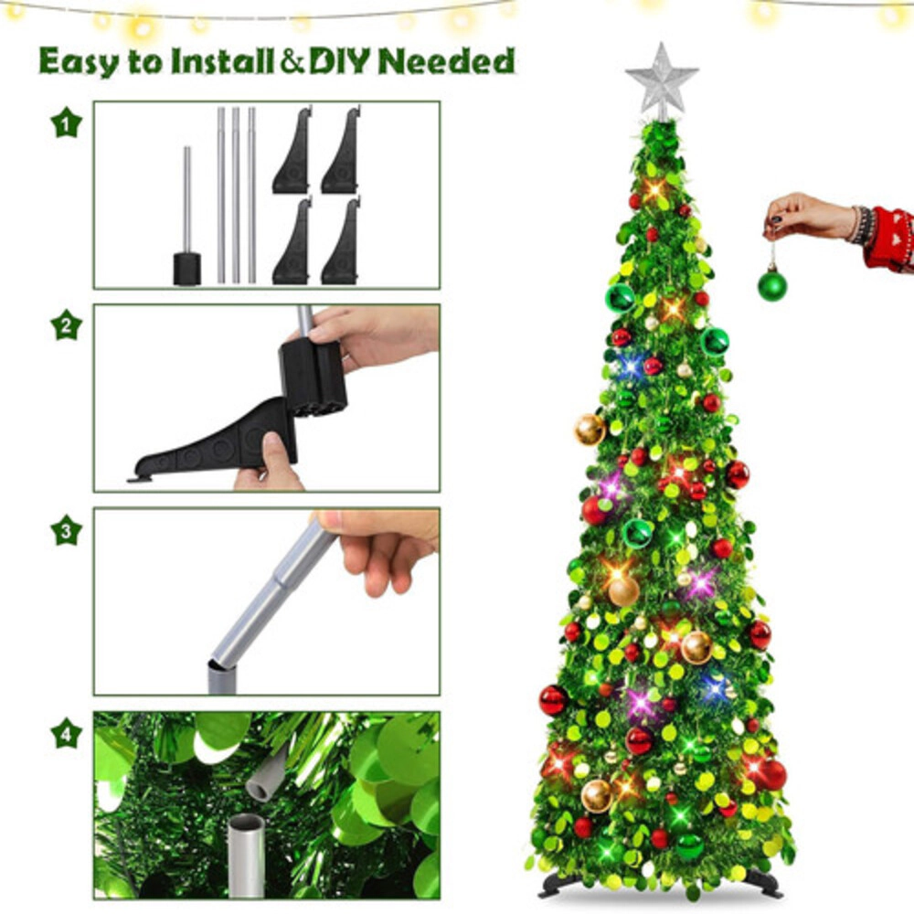Novsight Trading Unisex Pop-Up Tinsel Christmas Tree with Lights 5 Ft