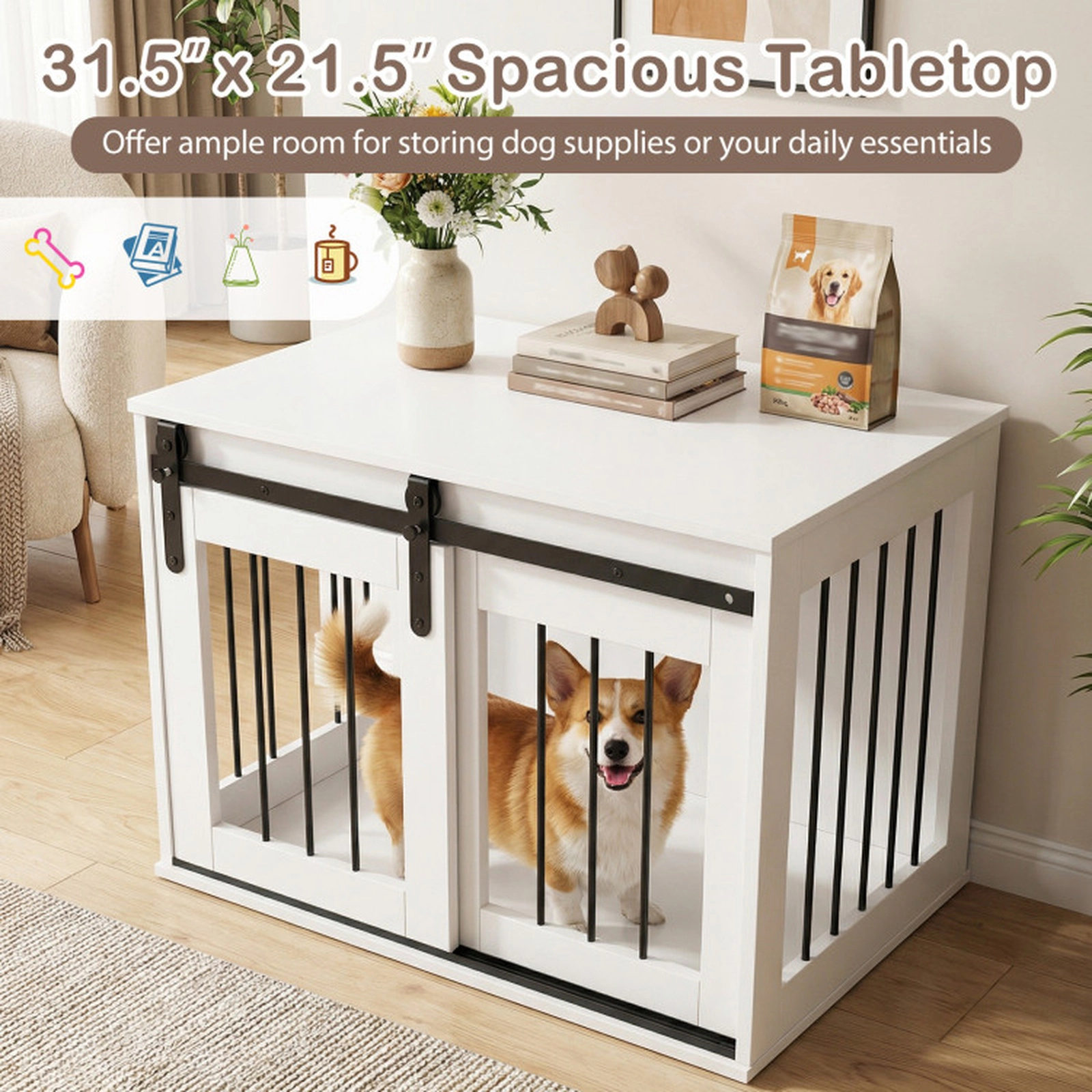 SUGIFT White 31.5-in Dog Crate Furniture Kennel with Sliding Barn Door Slatted Side Windows and Tabletop